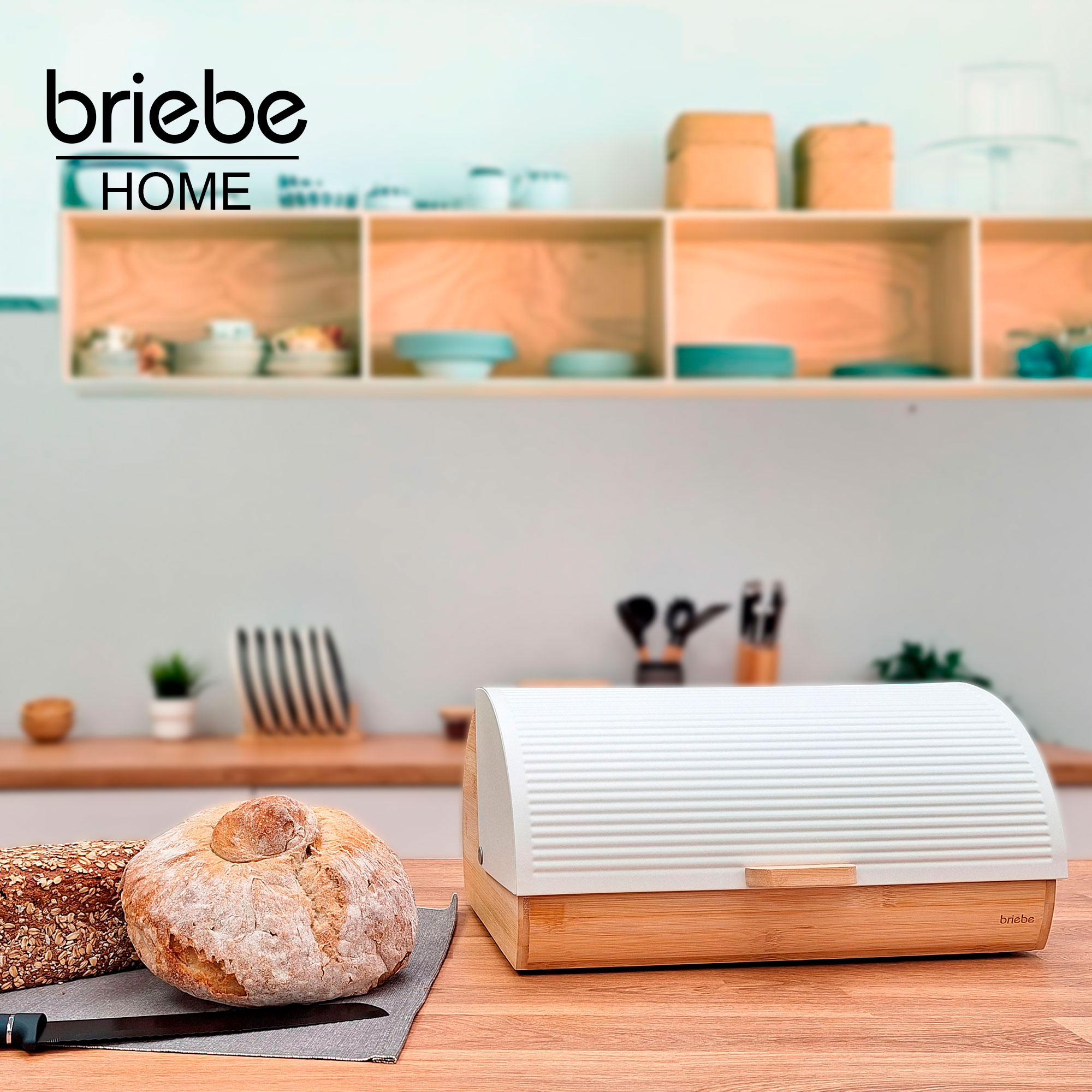 Panera para Guardar Pan de Mesa Madera Bambú, Tapa Deslizante Bread Box Almacenamiento Bollería, Briebe, Blanco, , BB1162 - 2