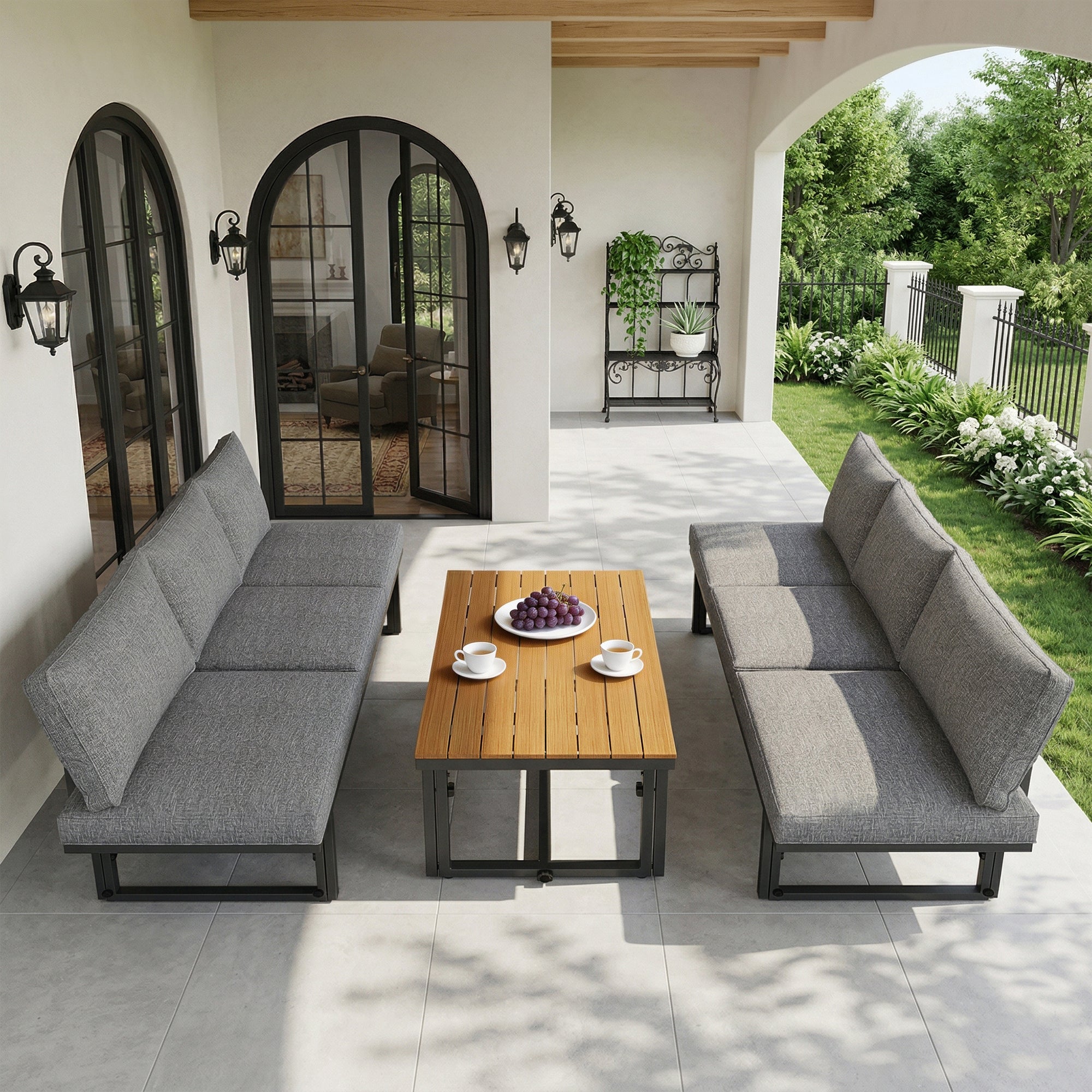 Mobiliario de jardín modular en hierro galvanizado: 2 sofás elevables de 3 plazas + 1 mesa de centro - Gris - 5