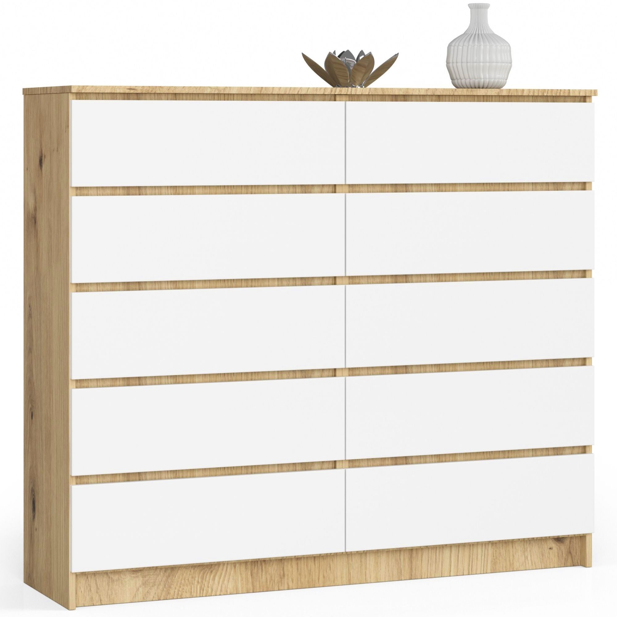 Komoda AKORD K140 Dąb Artisan 138 cm 10 szuflad kolor Biały mat 138x40x121 cm