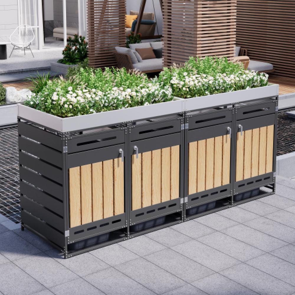 Set de 4 cubrecontenedores con jardinera, paneles madera vertical, ventilación, armario metálico con llave