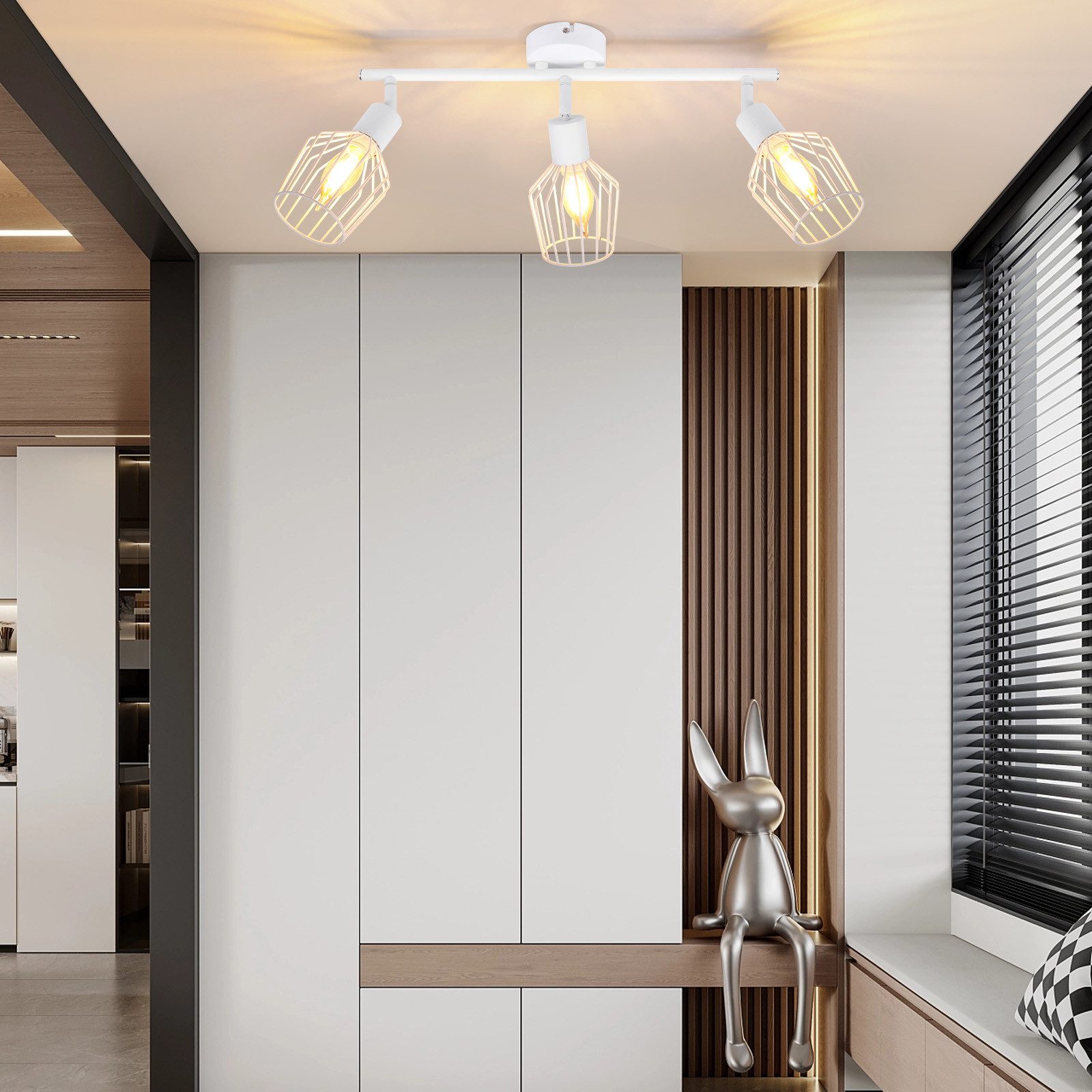 NETTLIFE Foco de Techo，3 luces E14 - Metal, Lámpara de Pasillo Industrial Giratoria 350°, Aplique de Pared para Pasillo y Sala de Estar, Blanco - 8