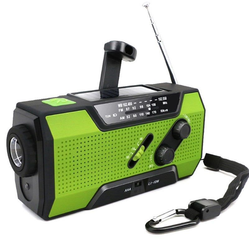 Radio awaryjne z korbką i latarką LED, przenośne radio AM/FM NOAA z powerbankiem 2000 mAh, kolor zielony