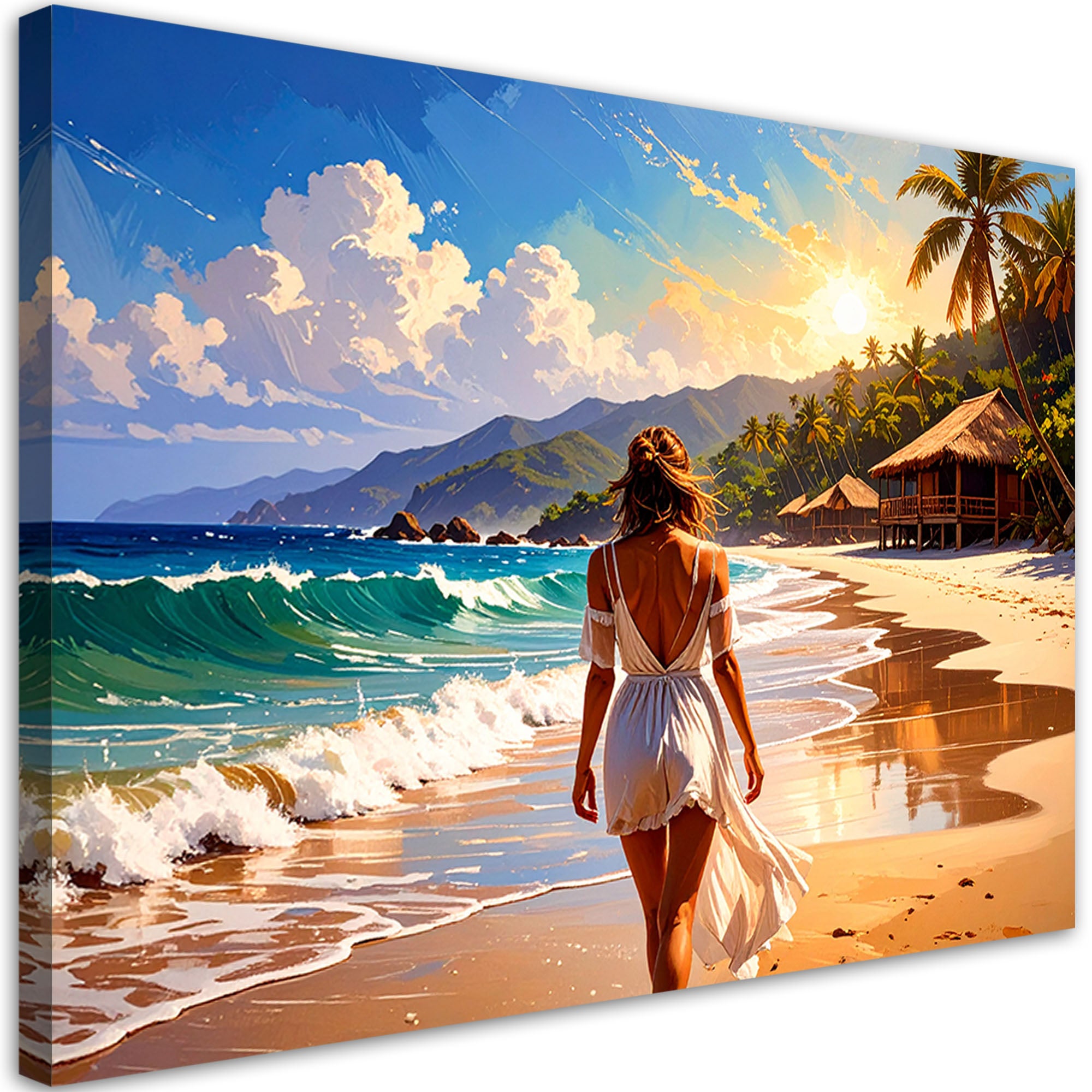 Obraz do salonu sypialni, Kobieta Plaża Morze Palmy 100x70