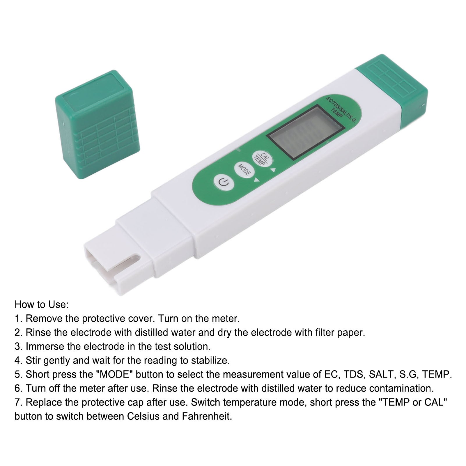 Testeur de qualité de l'eau 5 en 1, type stylo : sel, TDS, EC, SG, TEMP. Écran LCD numérique rétroéclairé. - 5