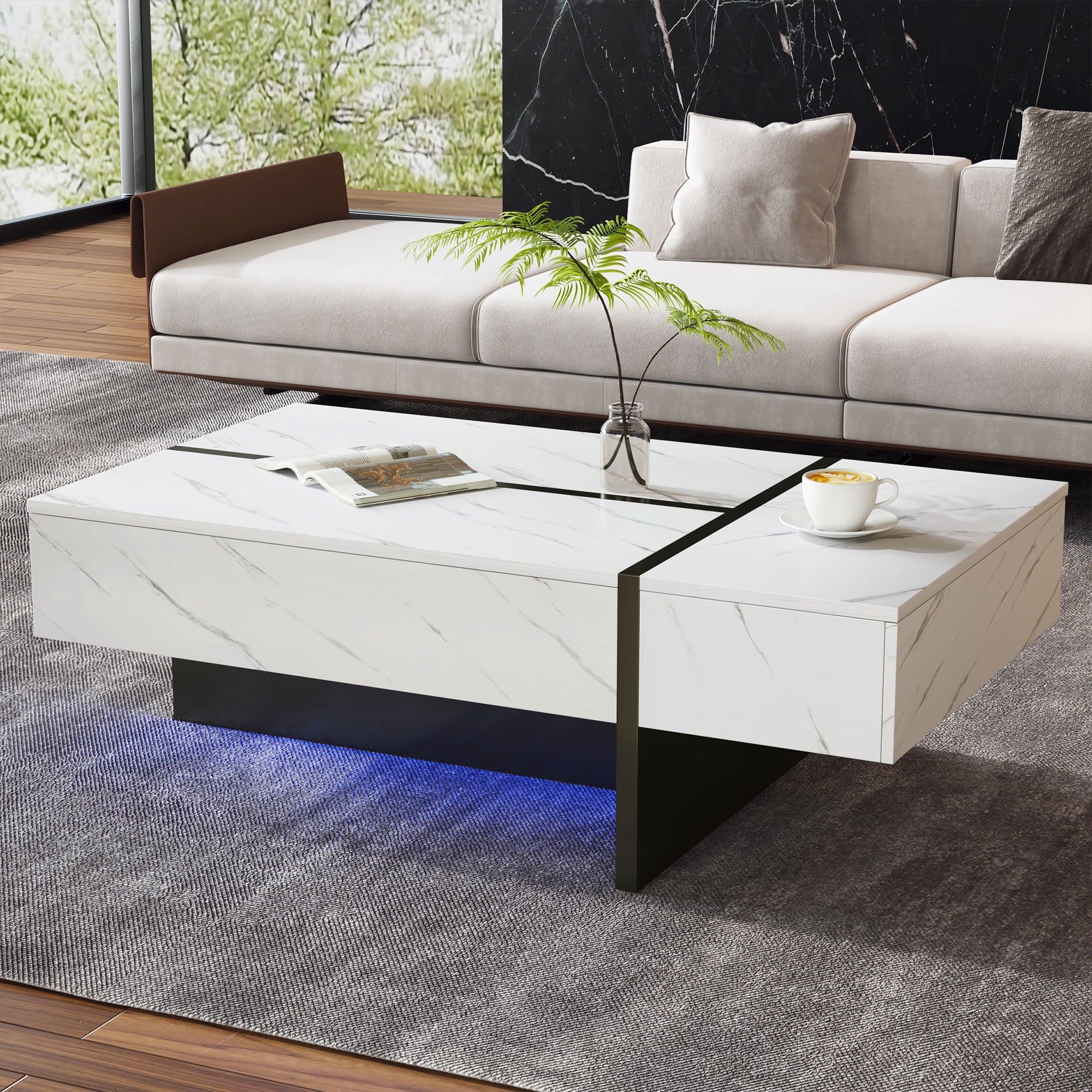 Table basse blanche moderne avec éclairage LED, motif marbre, plateau brillant - 105x60x35cm - 3