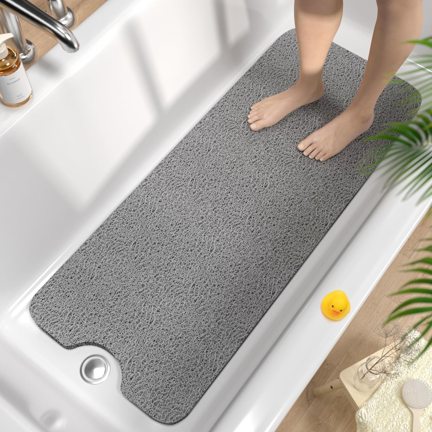 Mata antypoślizgowa do wanny 100x40 cm, miękka mata antypoślizgowa do wanny Loofah z PVC, szybkoschnąca mata łazienkowa, bez przyssawek, szara