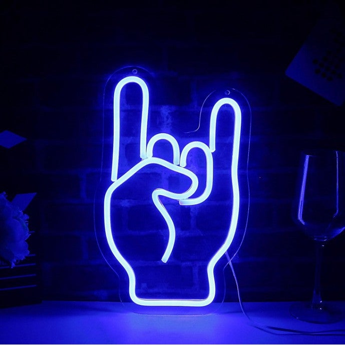 Niebieski neon z ręką rocka, neon z ręką rocka, dekoracja ścienna, światło LED rockowe