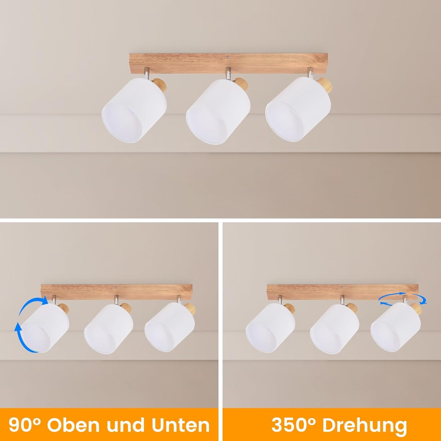 NETTLIFE 3 Focos de Techo Moderno de Pared de Madera Giratorio 350° E14 MAX.25W Lámpara para Salón Dormitorio (Sin Bombilla) - 2