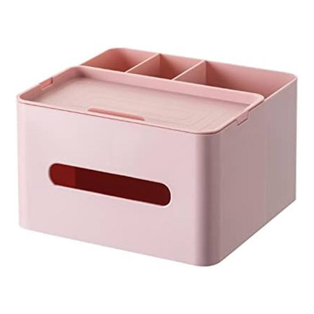 Pudełko na chusteczki 5 w 1, wielofunkcyjny organizer blatowy, 3 przegródki, 1 tacka, plastik HIPS (różowy)