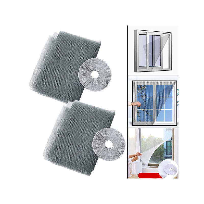 2 sztuki moskitiery okiennej, z 2 samoprzylepnymi paskami, 150 x 180 cm samoprzylepna siatka przeciw owadom, wycinana moskitiera okienna (szara)