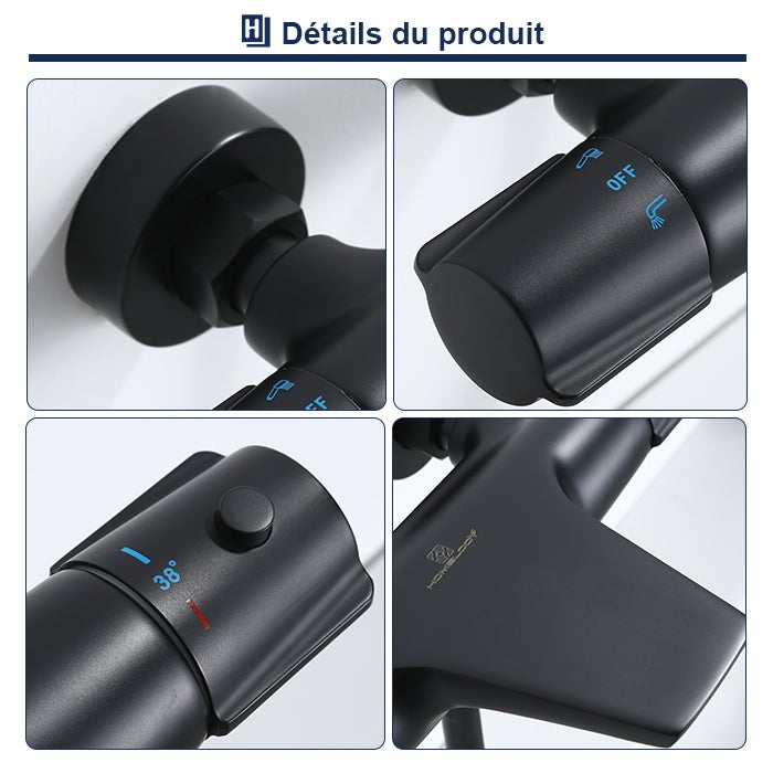 Mitigeur Thermostatique de Baignoire Robinet Cascade pour Baignoire Robinet Noir en Laiton Design Elégant - 7