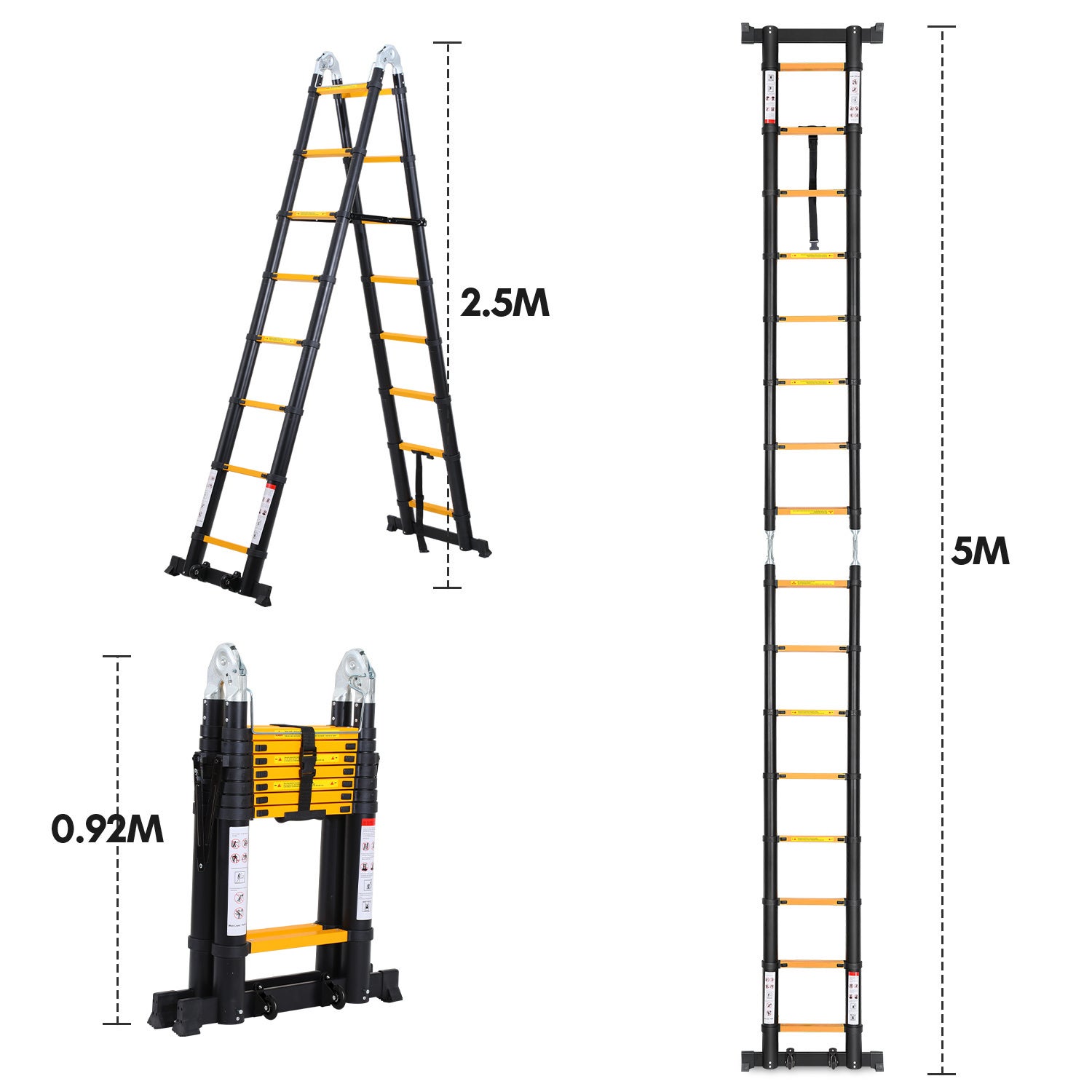 Échelle télescopique escabeau Premium 5m noire, antidérapante, multifonction - 2