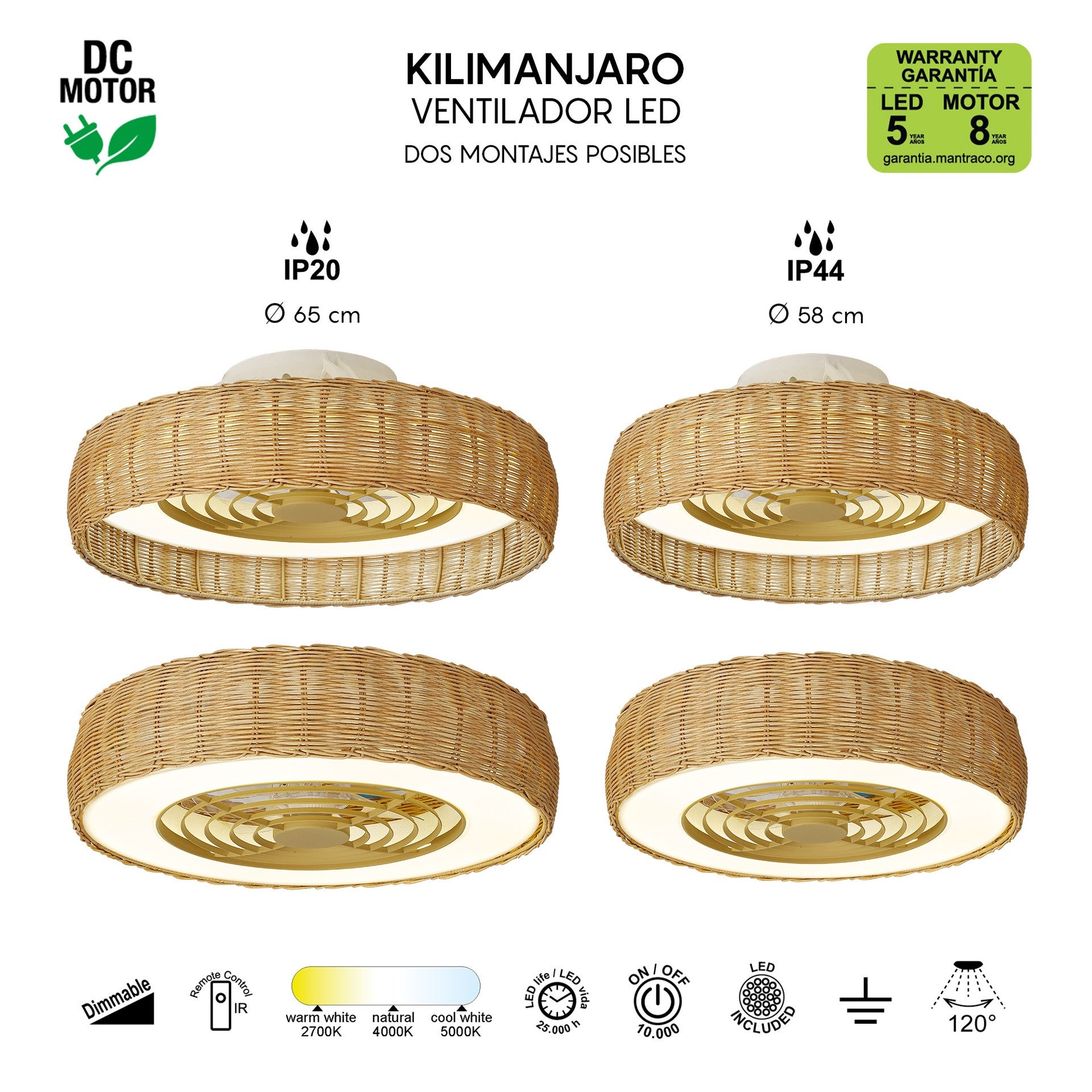 Ventilateur plafonnier LED rotin KILIMANJARO 65 cm - 5