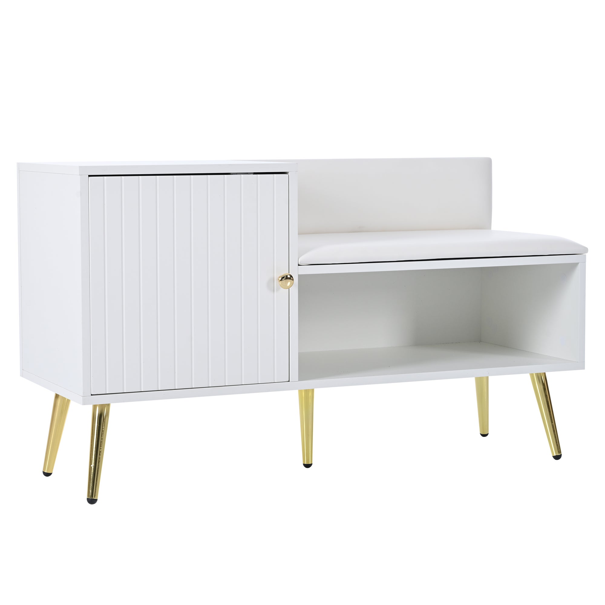 Commode à chaussures moderne luxueuse blanche, siège rembourré avec dossier, poignées/pieds métalliques, idéal entrée, dims: L100×P40×H58 cm - 6