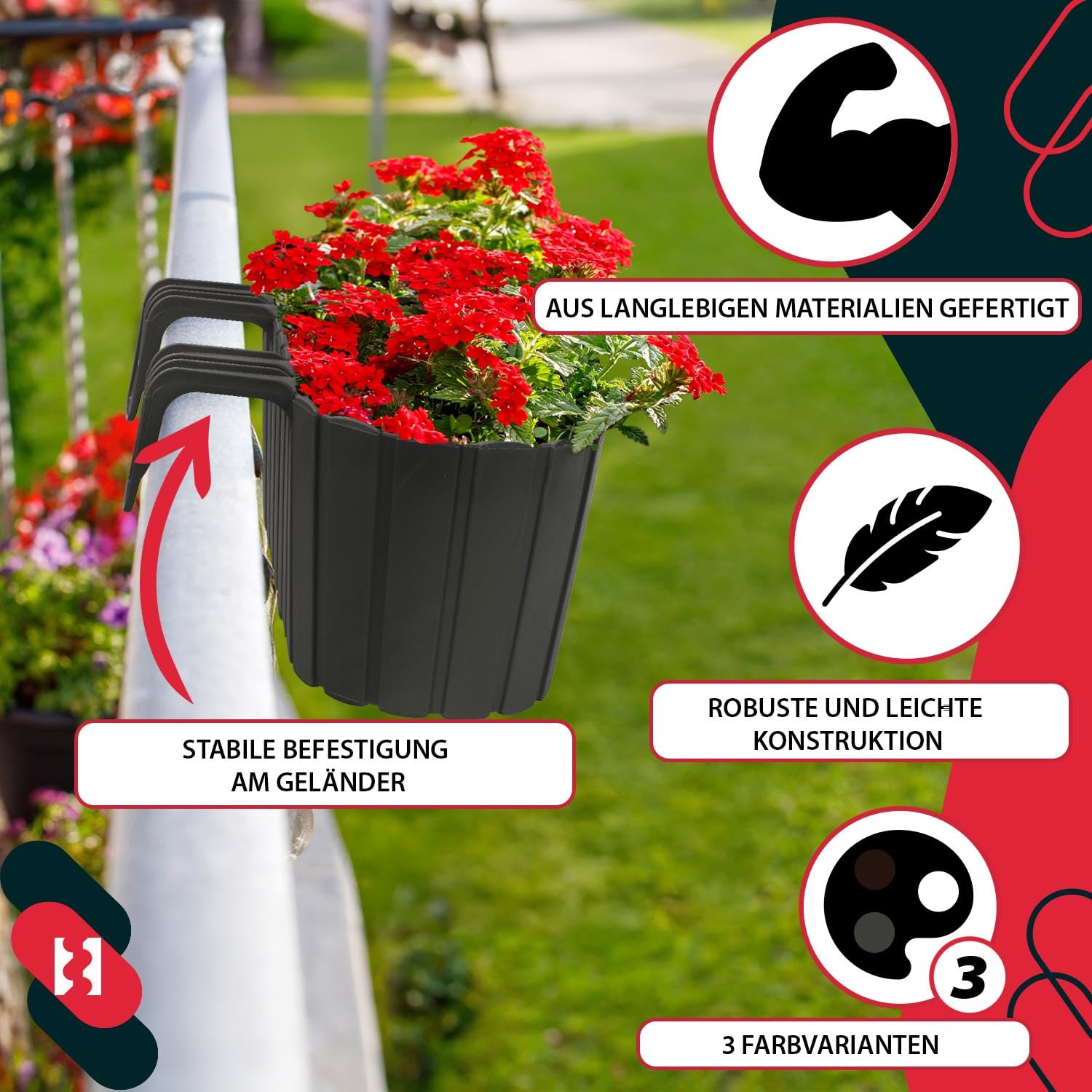 Jardinière Extérieur - Pot de Fleur - PVC - 40 x 15 x 15 cm - Gris - Jardinière Balcon - Rectangulaire - Légère - avec Support pou KOTARBAU - 8