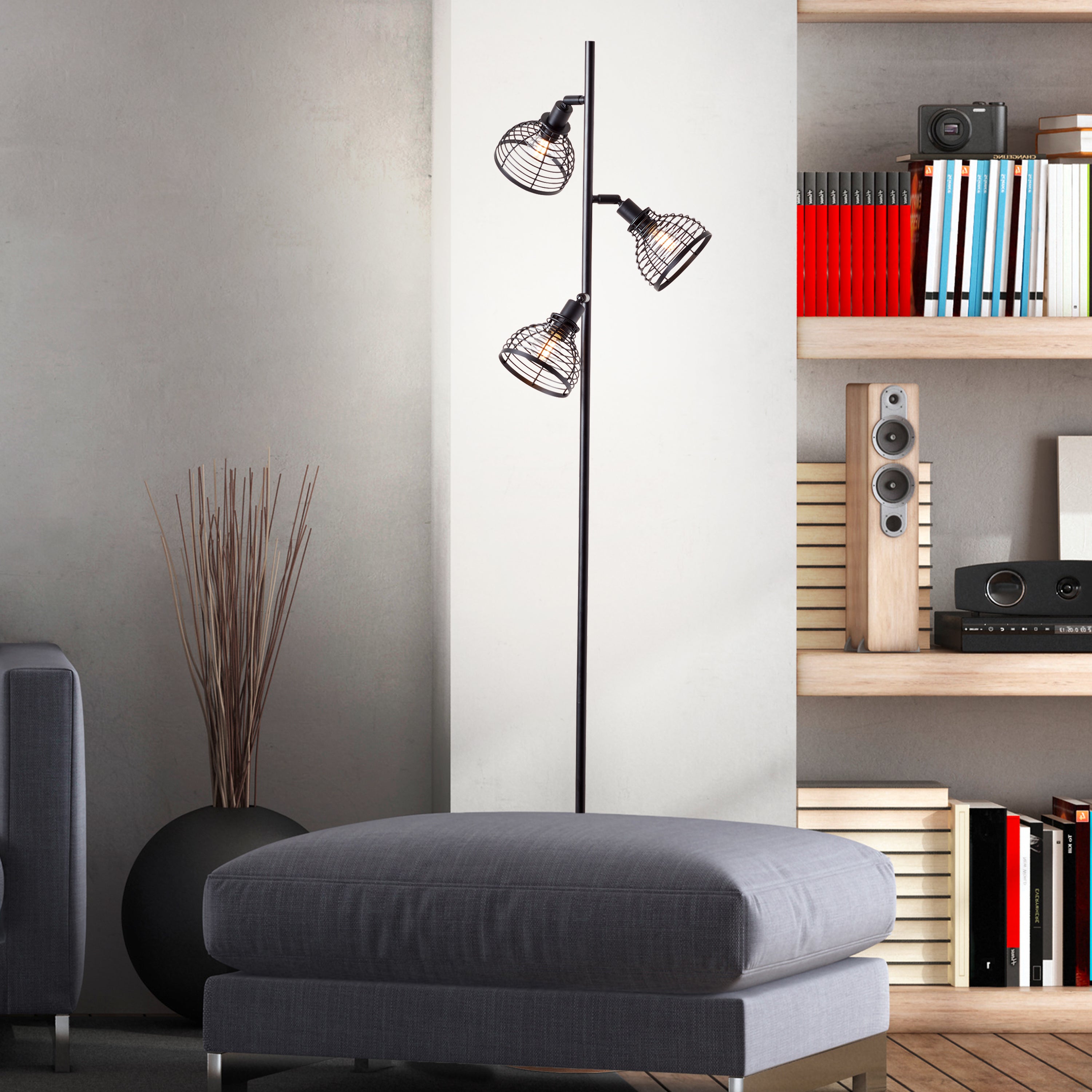 Brilliant Avia 3-płomienna lampa podłogowa czarny/drewno, metal/drewno, 3x D45, , 42 W - 2