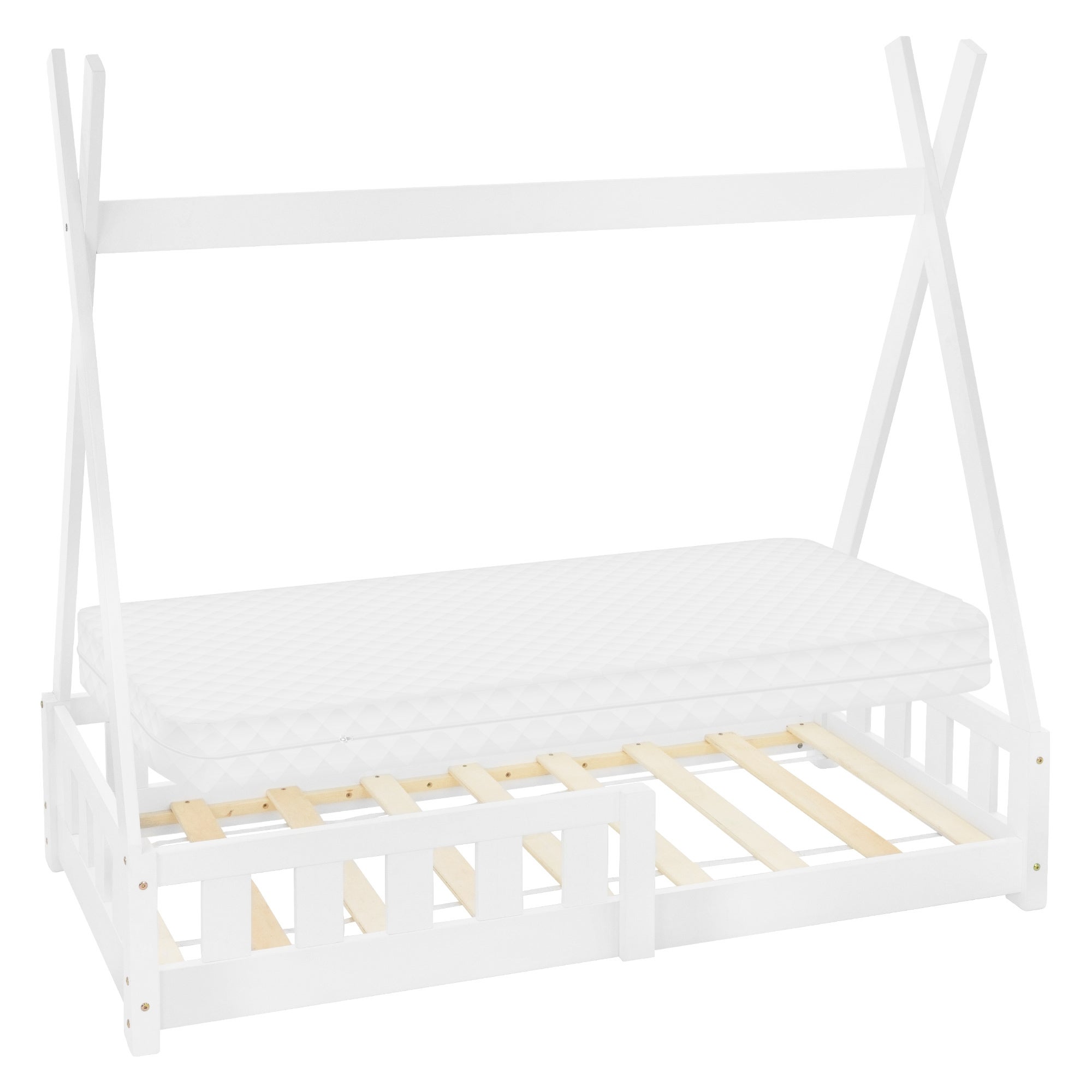 Lit d'enfants Tipi 70x140 cm blanc style indien cadre bois de pin massif avec matelas hypoallergénique housse amovible respirant et sommier à lattes - 4