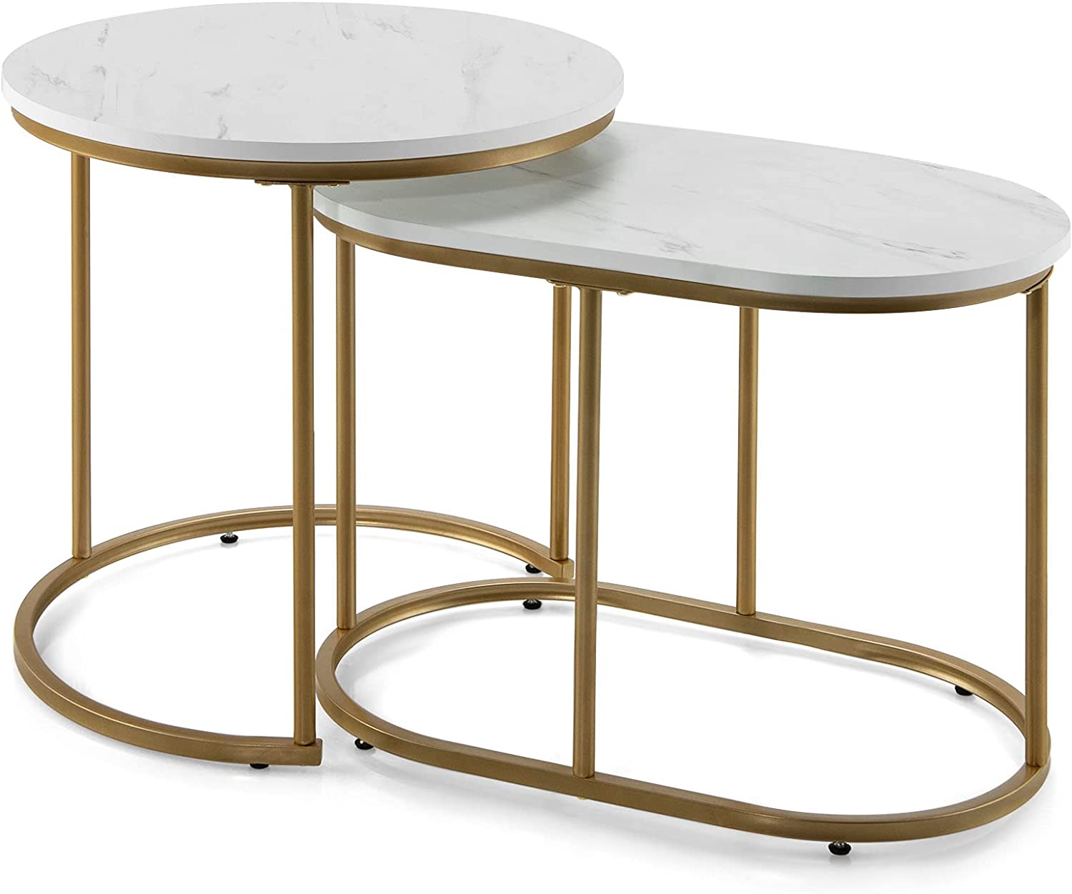 2-częściowy zestaw stolików kawowych o wyglądzie marmuru, stolik pomocniczy drewniany z metalowymi nogami w kolorze złotym, zestaw stolików kawowych