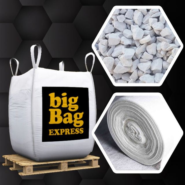 PACK Gravier Calcaire SUPER Blanc + Géotextile = 3 Big Bag de Gravier Calcaire Ø 6/14 mm (≃ 60M²) + Géotex 50m2 - Livraison PREMIUM