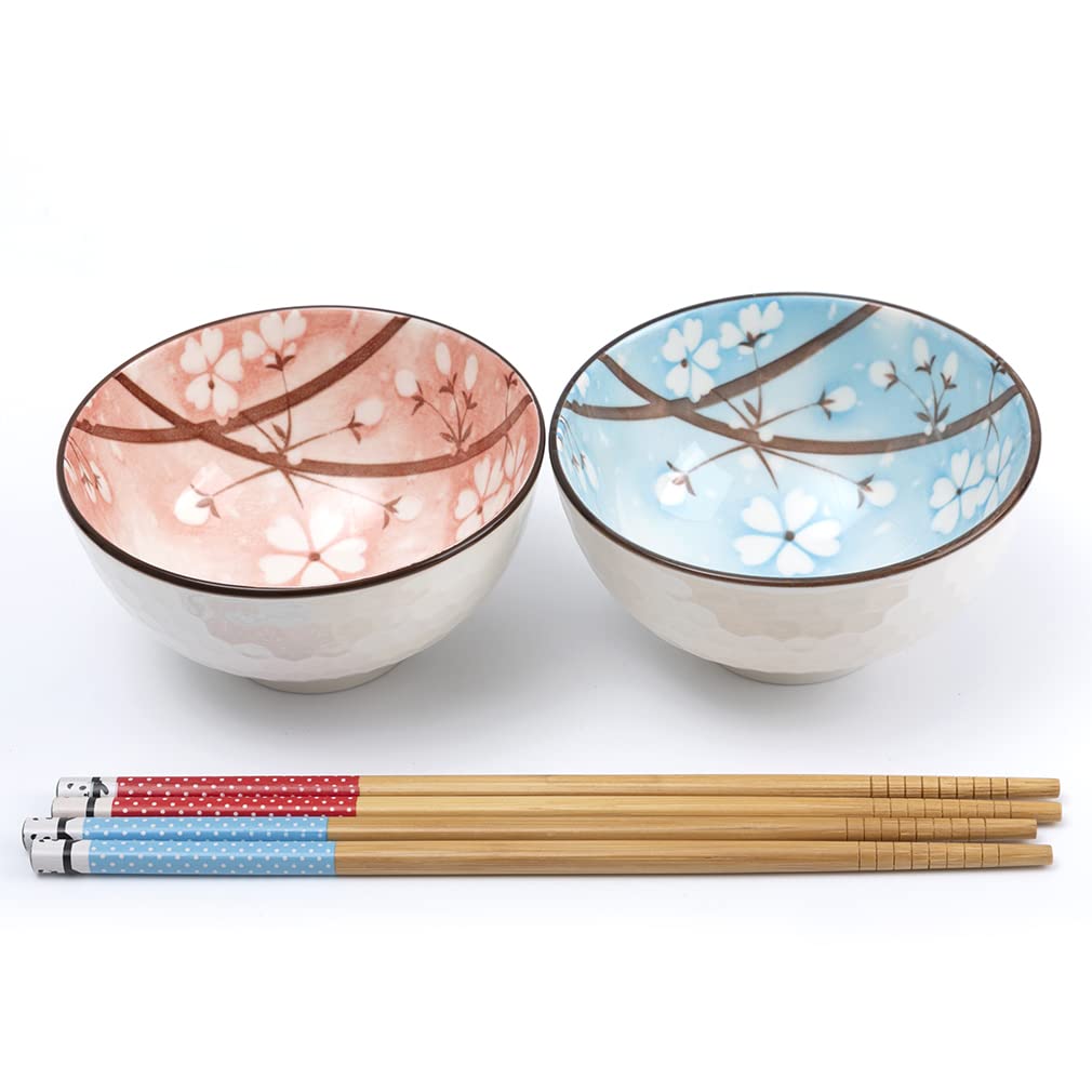 Set 4 Ciotole Giapponesi Con Fiori Di Ciliegio + Bacchette - Diametro 10.5 Cm, Per Riso, Poke Bowl, Zuppa, Regalo