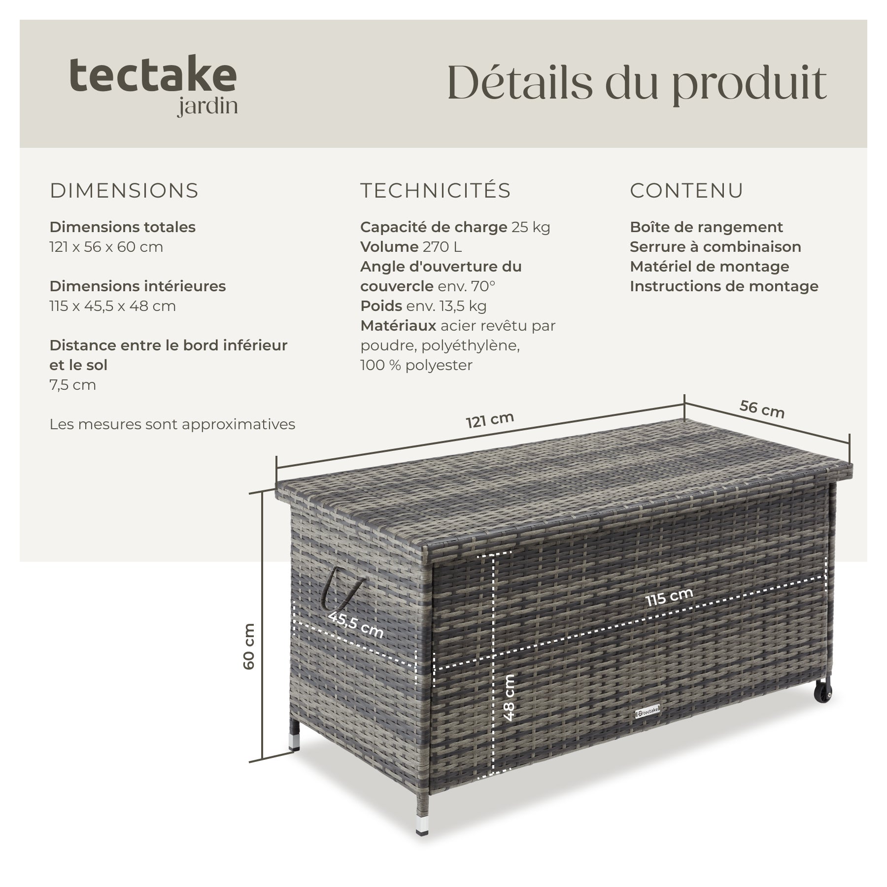 Coffre de jardin rotin en résine tressée et structure en acier 120x55x61,5cm 270 L avec poignées et 2 roues TECTAKE - 6