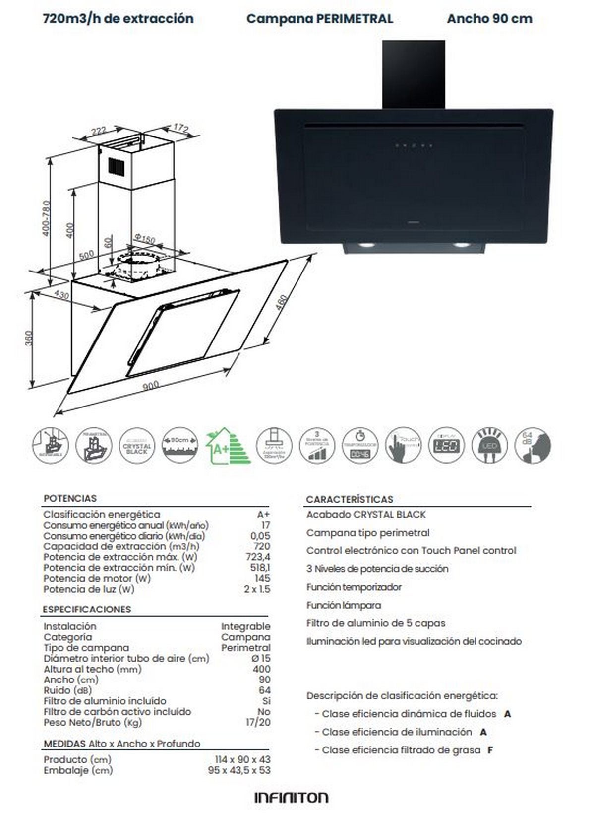 Campânula perimetral INFINITON CMPTRAL-A93N, vidro preto, largura 90cm, 720 m³/h, 3 velocidades, painel tátil, luzes LED, filtros de alumínio. - 3