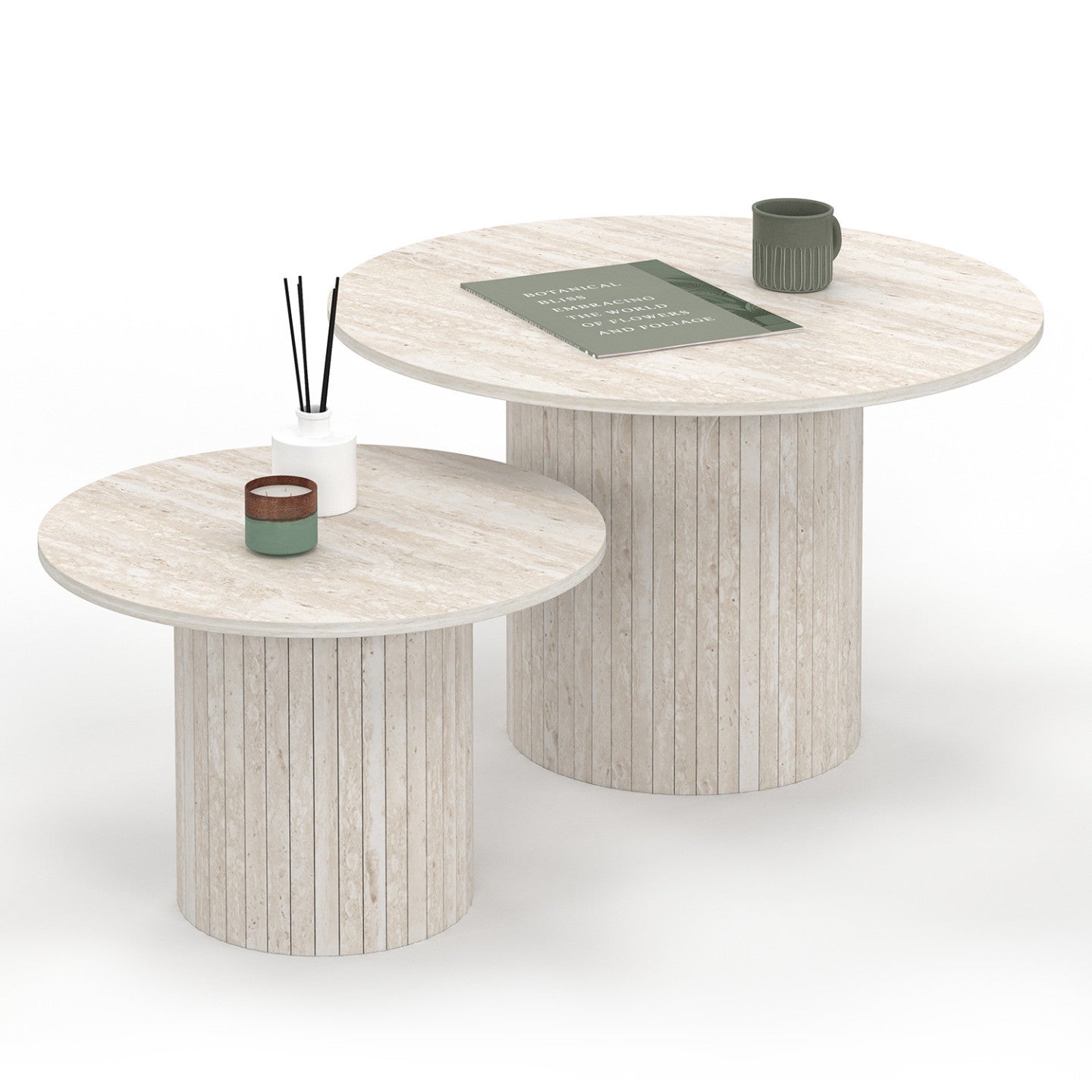 Lot de 2 tables basses gigognes JULIETTE rondes 50/70 effet lattes travertin - 2