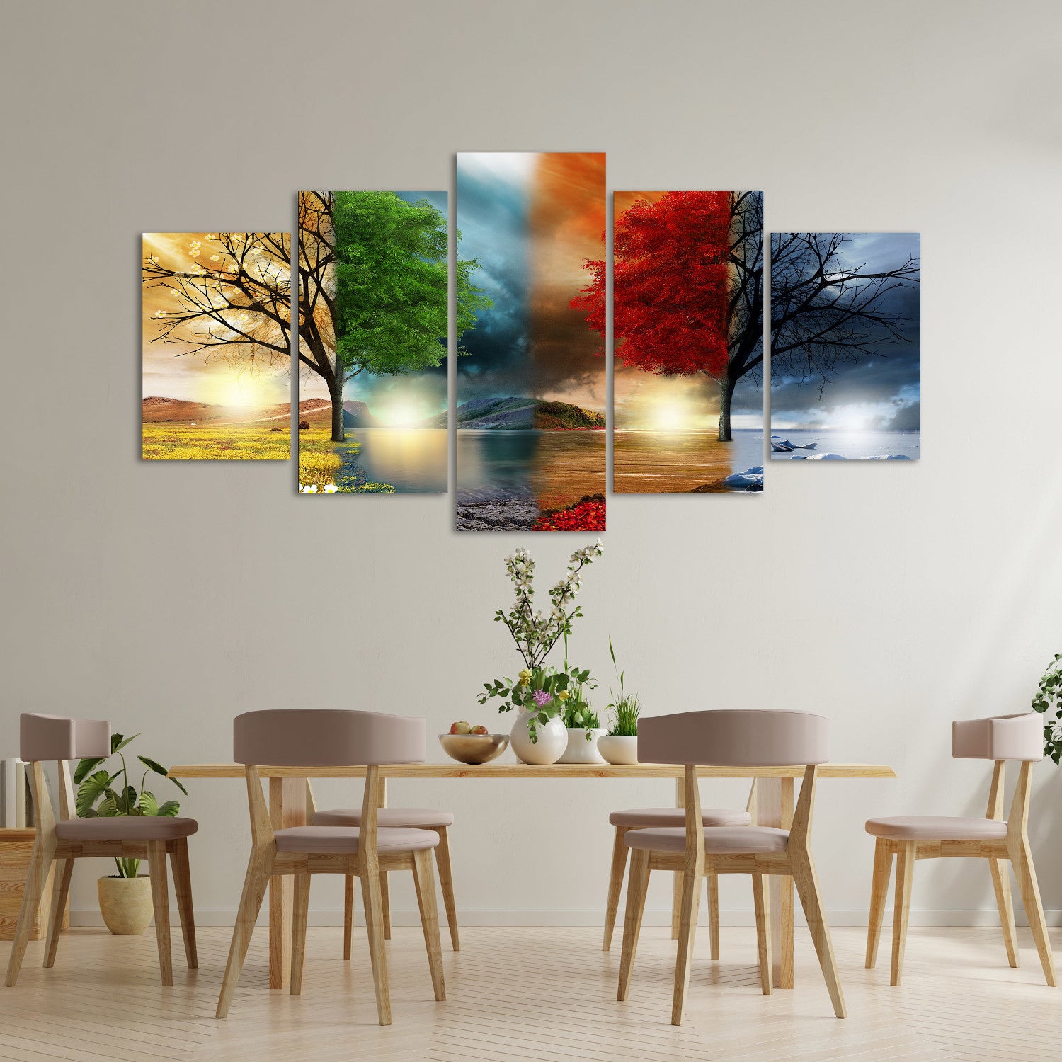 DekoArte - Impression Sur Toile Moderne | Décoration Salon Chambre | Paysage Quatre Saisons Arbres Rouges | 200x100cm - 3