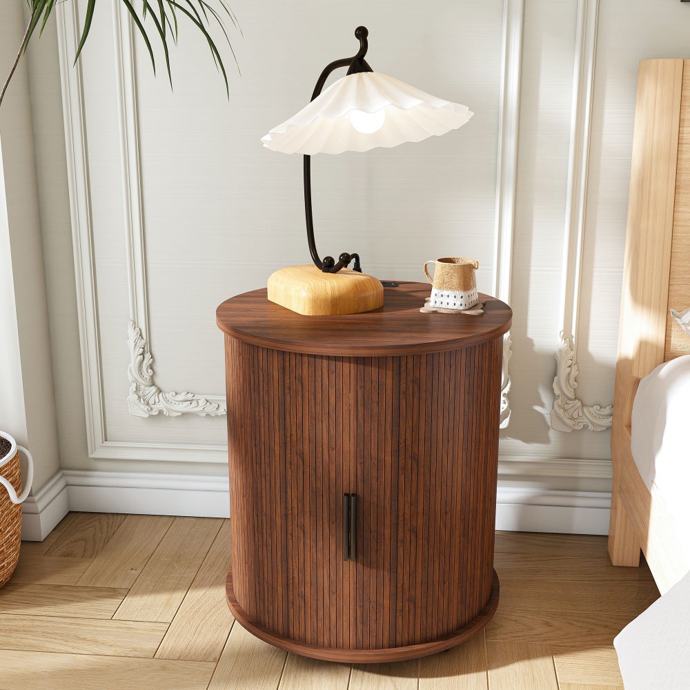 Table de Chevet Cylindrique Mid-Century avec Station de Charge (Prise + 2 USB), Porte Coulissante et Rangement - 3