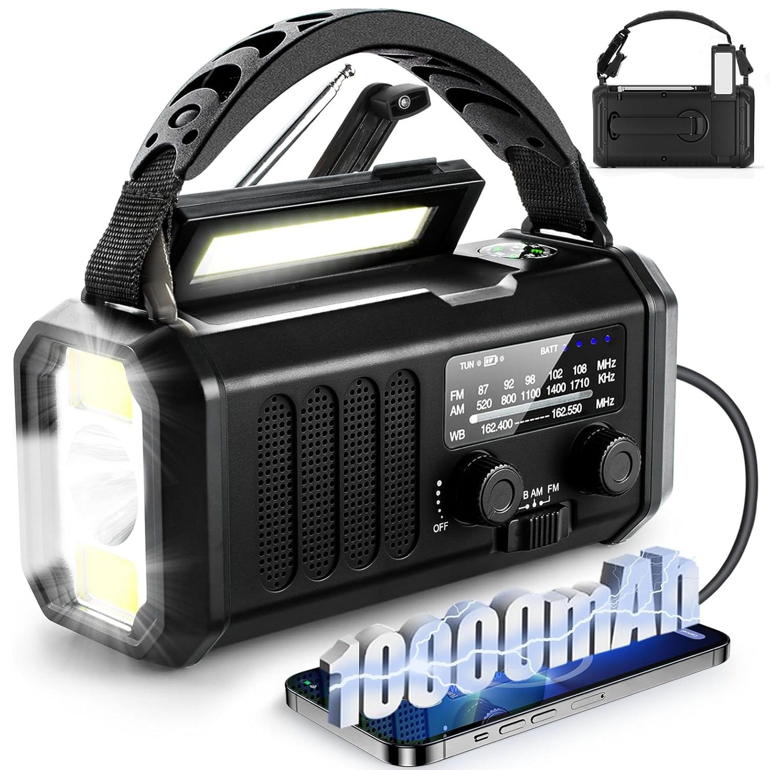 Radio awaryjne solarne z korbką ręczną o pojemności 10 000 mAh – z AM/FM/WB – wielofunkcyjna latarka LED i lampka do czytania – czarne