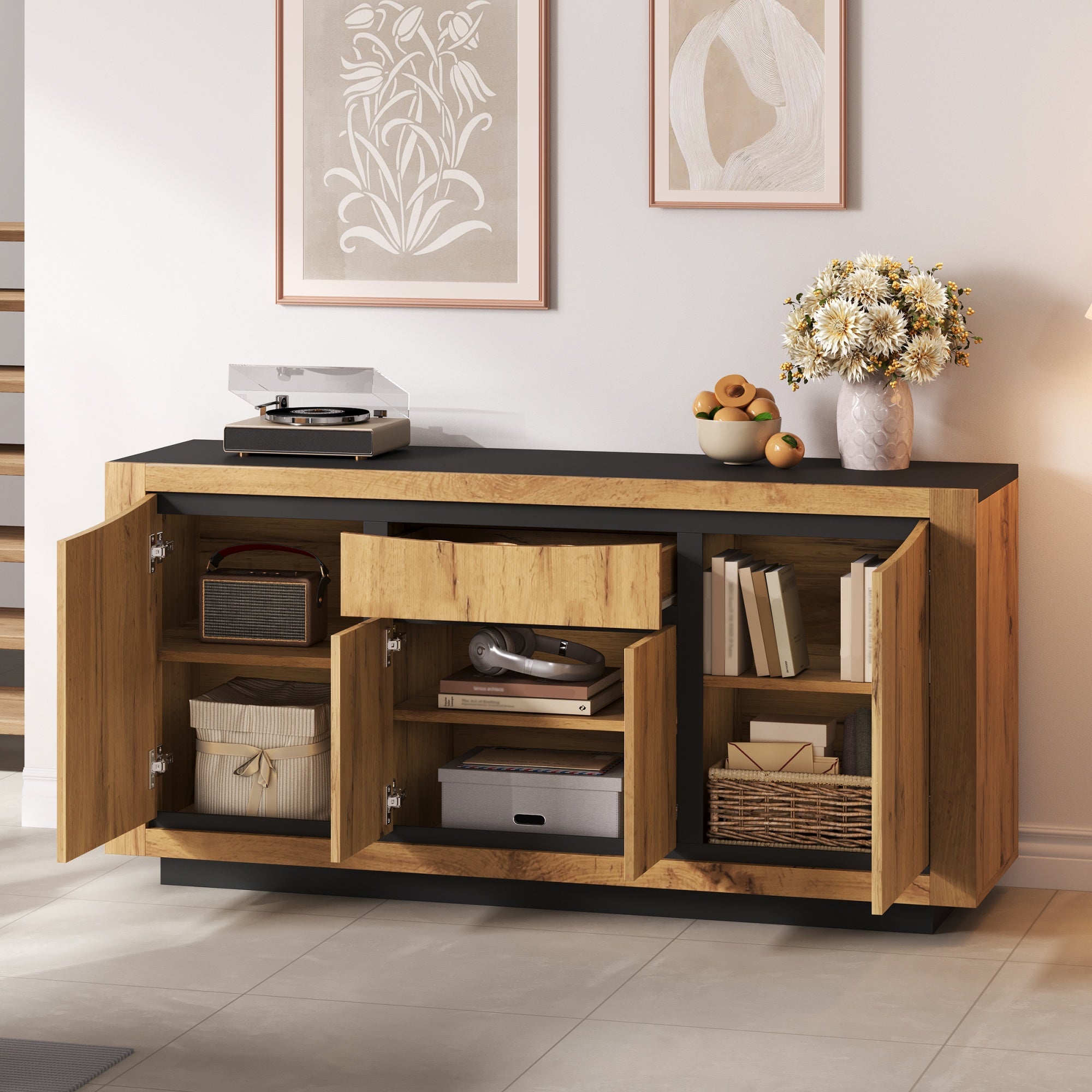 Buffet 140x38,5x52 cm - 4 portes et 1 tiroir - Commode 5 tiroirs - Finition bois - MDF - Naturel + Noir - 3