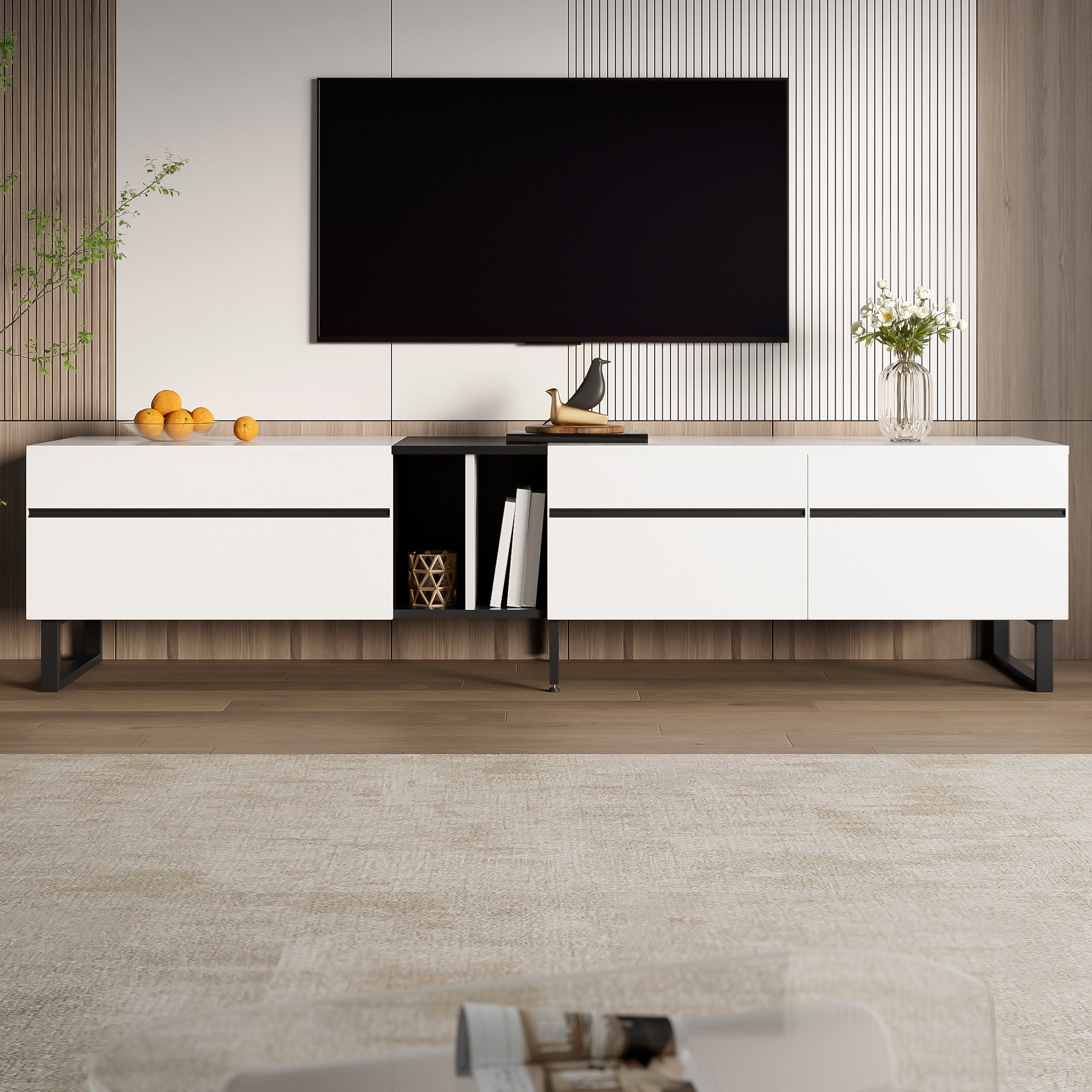 Stolik pod TV z 3 drzwiami i 2 półkami - 180 x 38 x 45 cm - Płyta wiórowa - Biały - 6