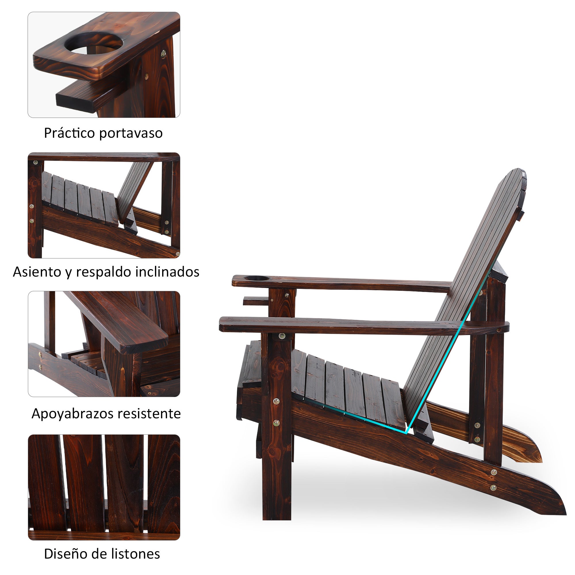 Cadeira Adirondack de Jardim Outsunny Castanho Rústico Madeira de Abeto 72.5x97x93cm - 5