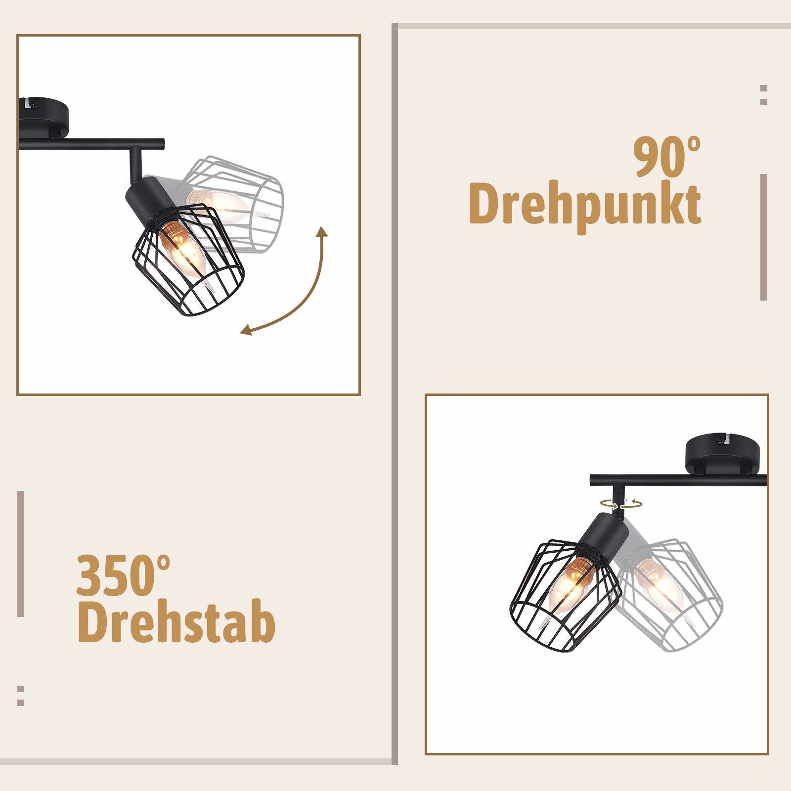 NETTLIFE Foco de Techo，2 luces E14 - Metal, Lámpara de Pasillo Industrial Giratoria 350°, Aplique de Pared para Pasillo y Sala de Estar, Negro - 3
