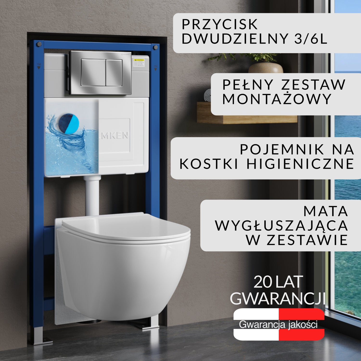 Zestaw podtynkowy WC Helmken 6w1: Stelaż, Chrom (J) Przycisk, Miska bezkołnierzowa Rimless 35103001, Deska wolnoopadająca, Pojemnik na kostki, Mata