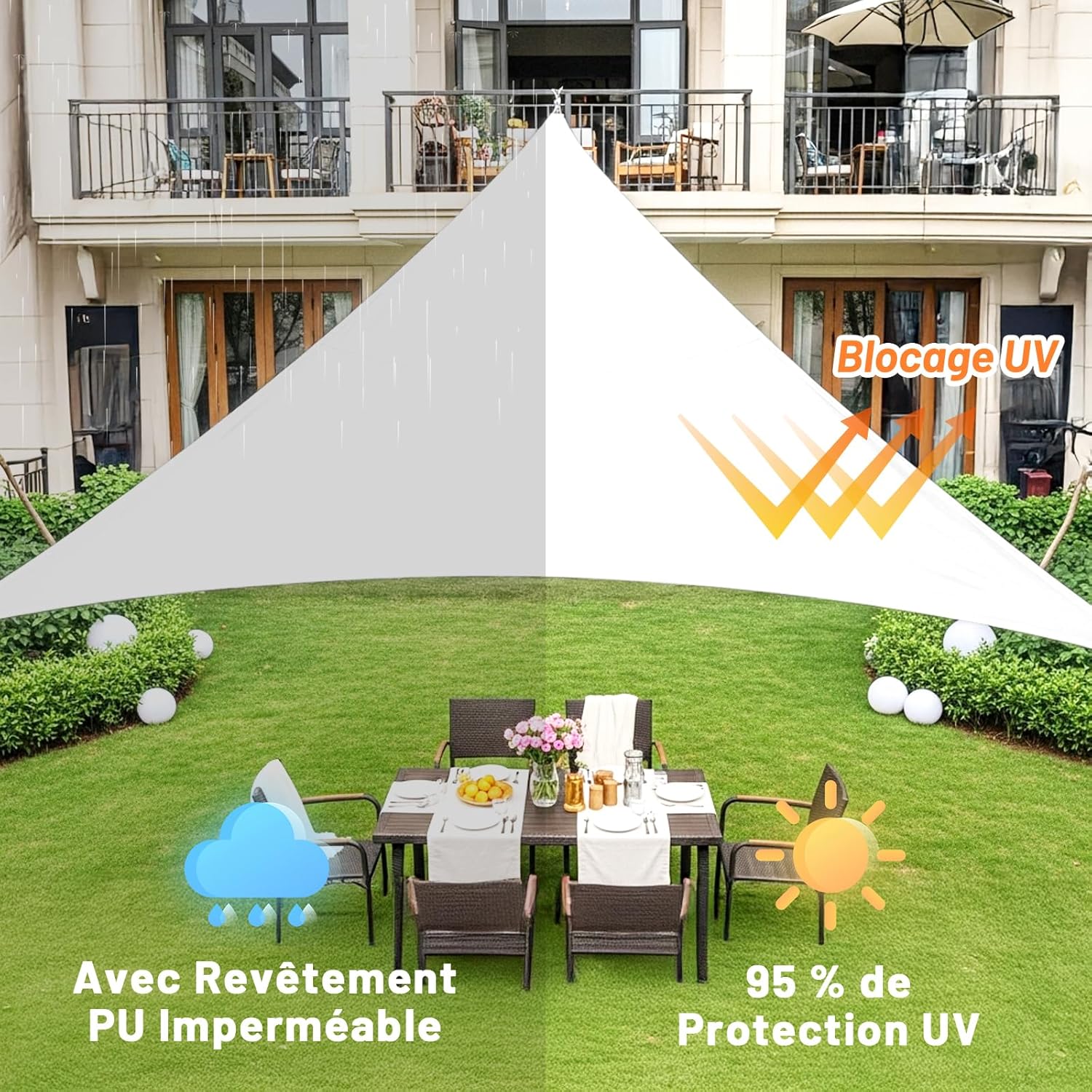 Voile d'ombrage Triangulaire Imperméable 3x3x3m Toile Ombrage PES avec 95% UV Protection pour Patio Extérieur Jardin Terrasse, Blanc - 3