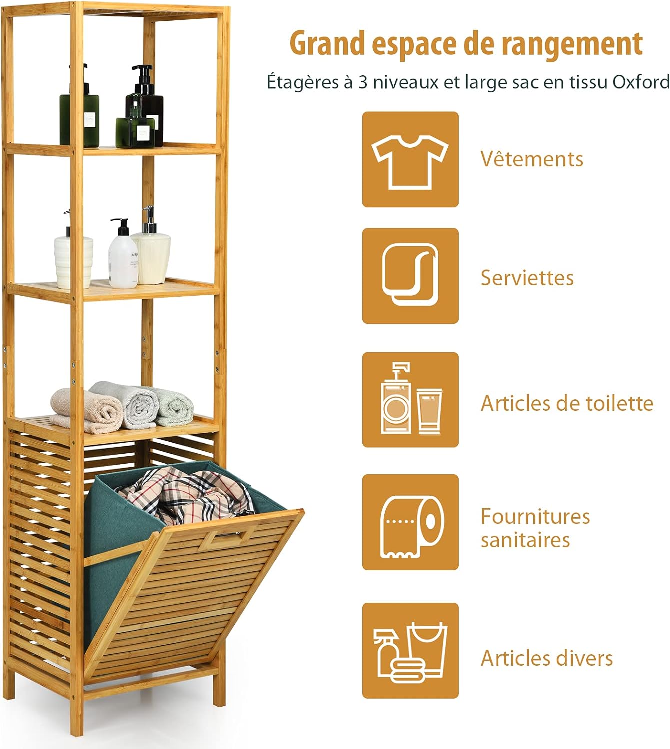 Colonne pour salle de bain avec panier à linge basculant et 3 etagères de rangement meuble - 6
