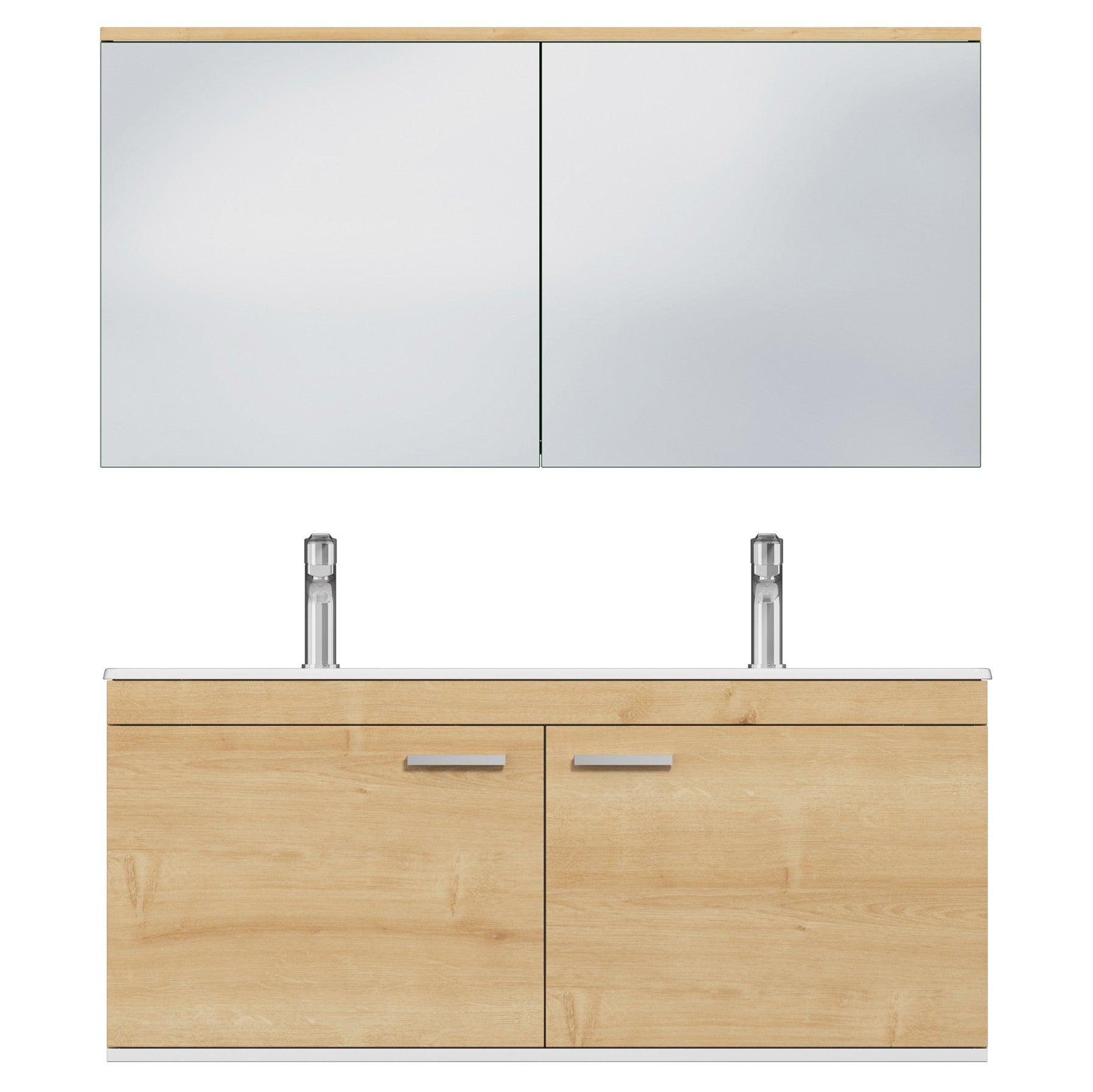 RUBITE meuble double vasque encastrée L. 120 cm + miroir armoire 2 portes chêne clair salle de bain - 5