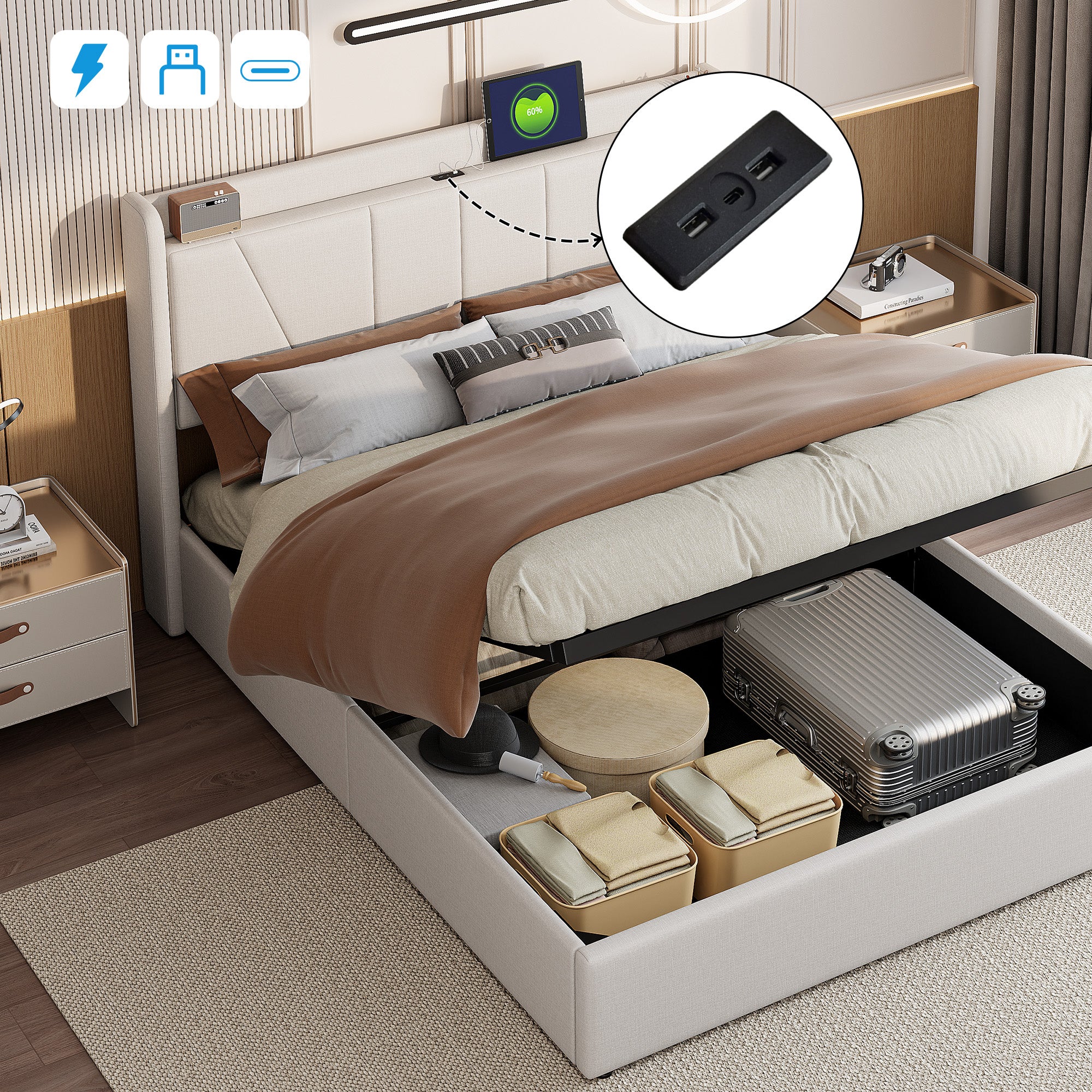 Lit Coffre 160x200 avec USB et Type C, Lit capitonné avec Sommier à Lattes, Lit Double, Beige - 8