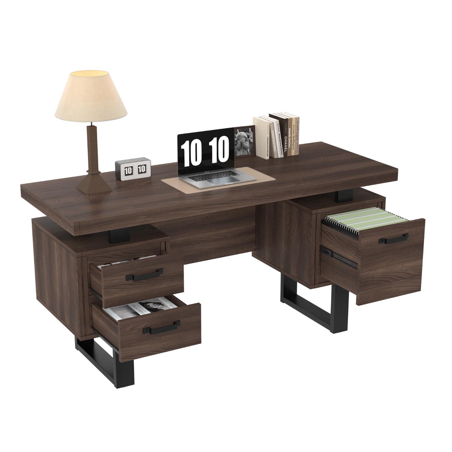 Bureau d'ordinateur 135x54 cm en MDF et acier, 2 tiroirs silencieux, rangement dossiers, plateau épais - 4