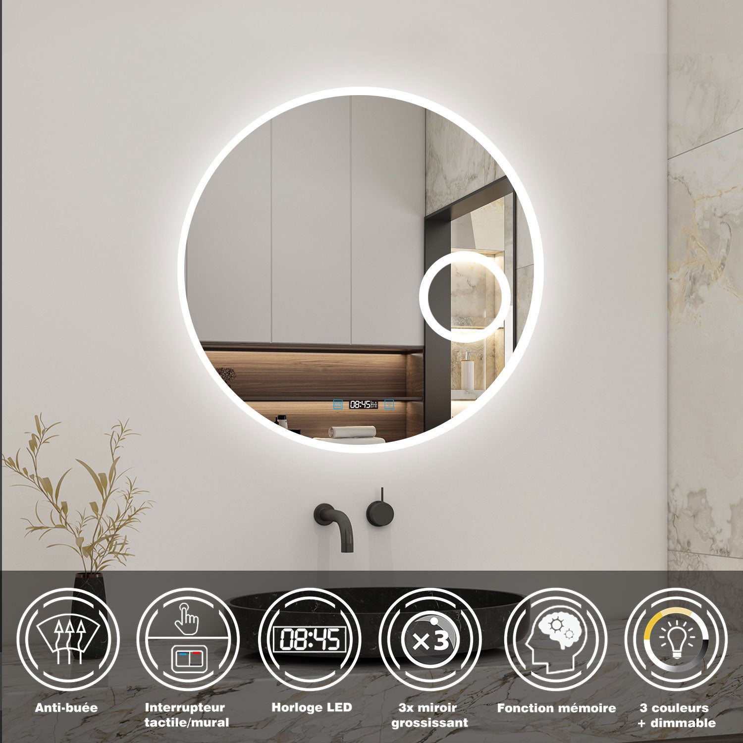 AICA LED miroir lumineux 3 couleurs tactile horloge + loupe + anti-buée ...