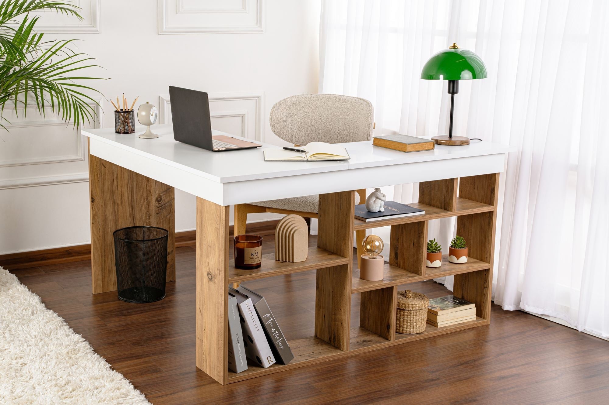 Bureau d'angle avec étagères 130x120x71,8 cm décor chêne et blanc - 2