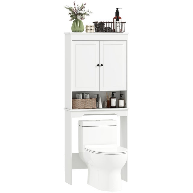 Meuble colonne WC 3 étagères fermées plateau ouvert en bois blanc 65x22x161 cm