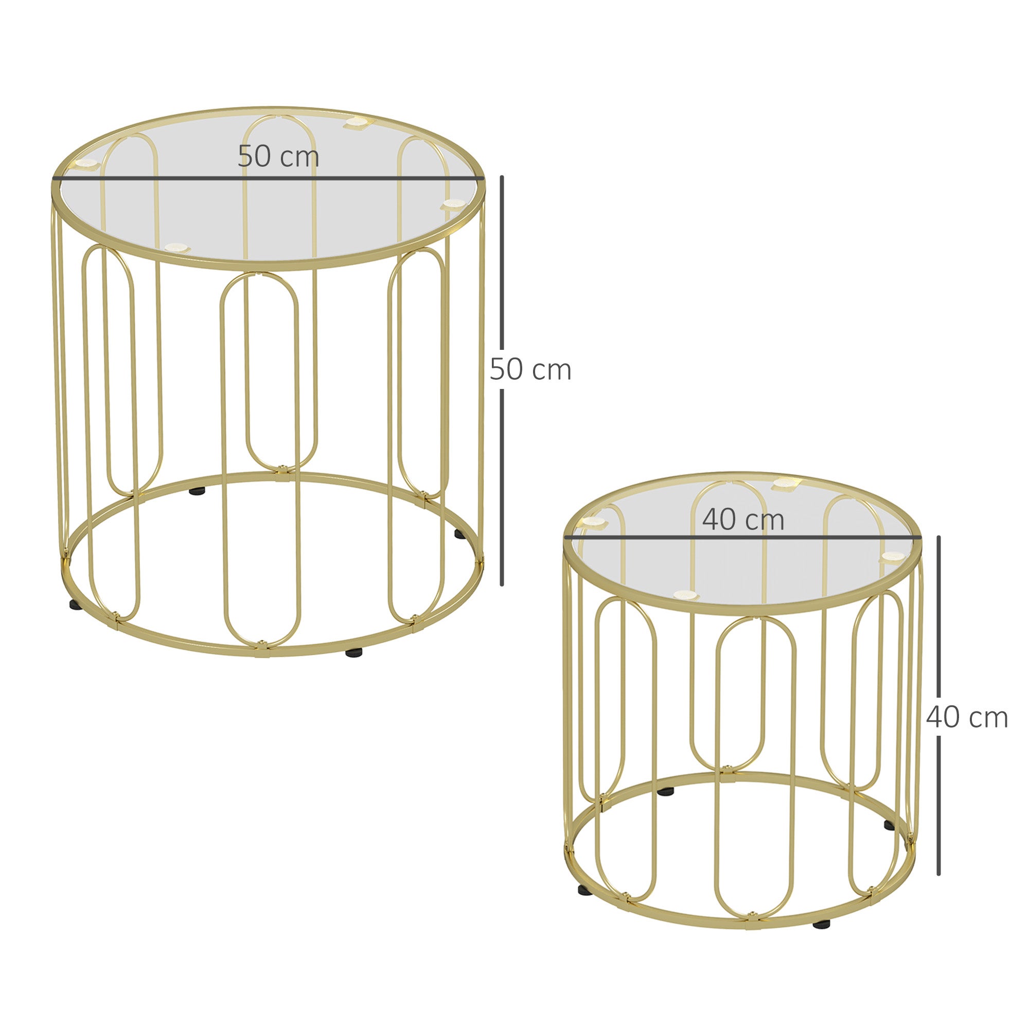 Lot de 2 tables basses gigognes rondes modernes avec cadre en métal et plateau en verre trempé, ton doré - 5