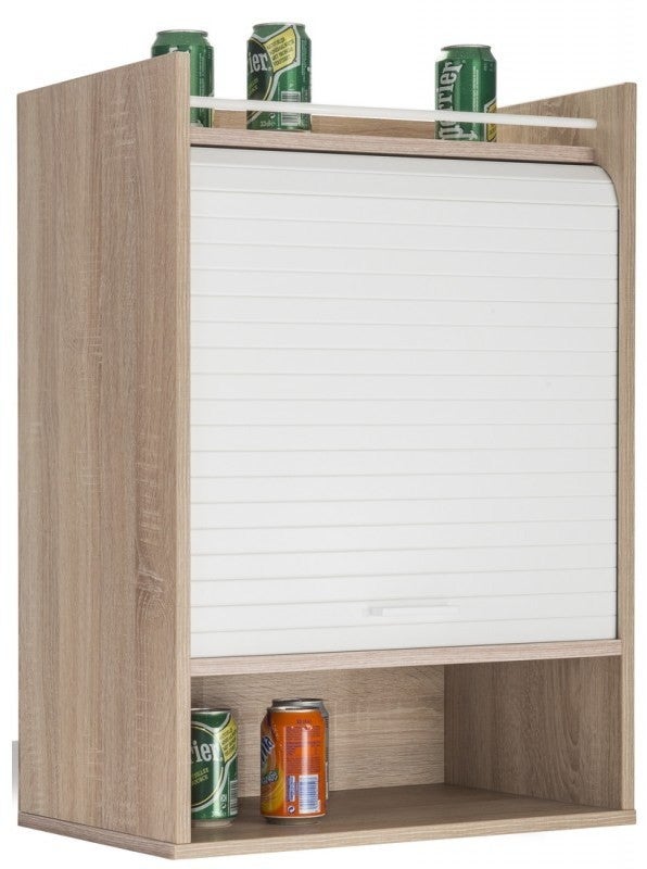 Meuble de rangement haut à rideau 3 niches chêne naturel et blanc Lohan