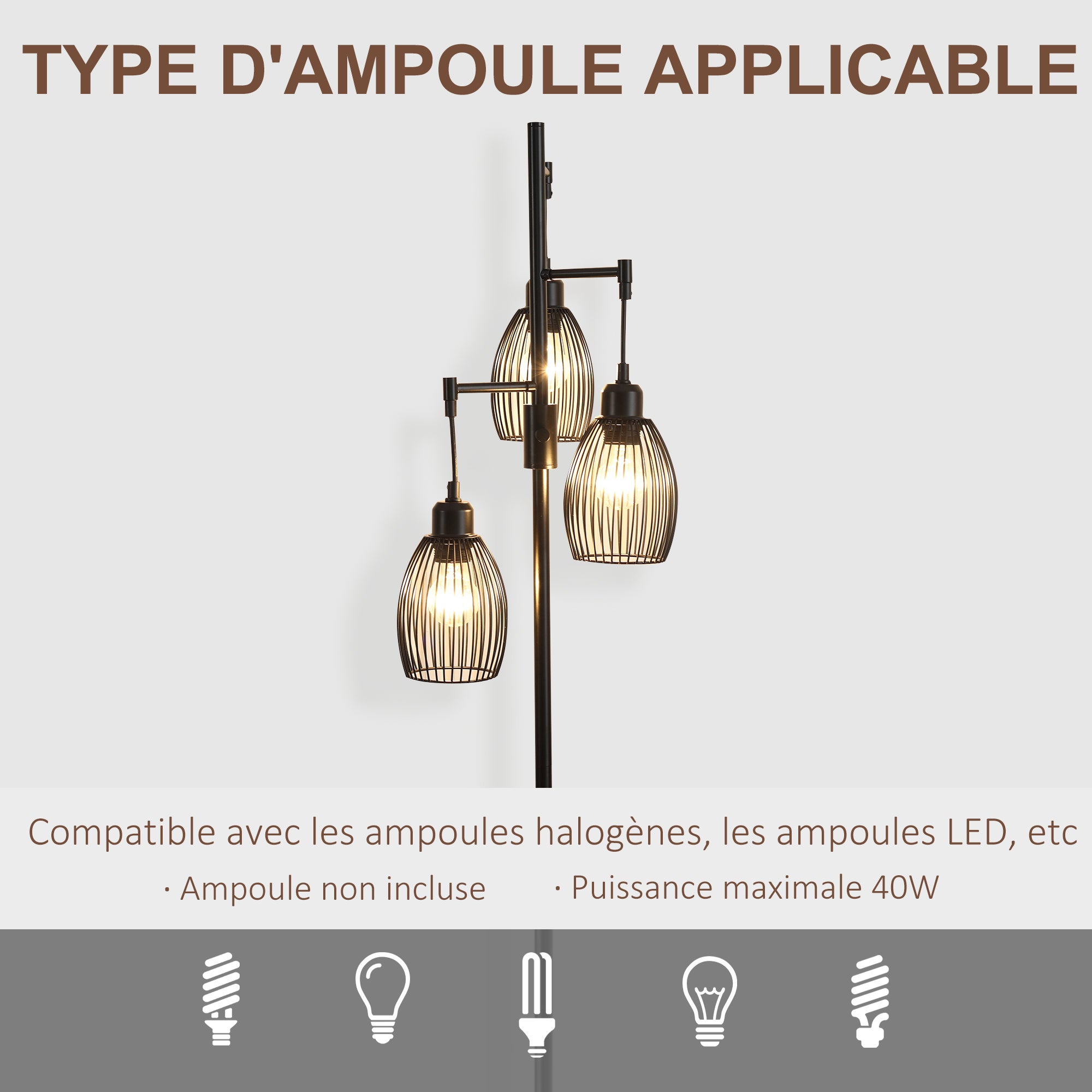 Lampadaire - HOMCOM - style industriel 40 W max 3 abat-jours métal filaire E27 - métal - noir - 7