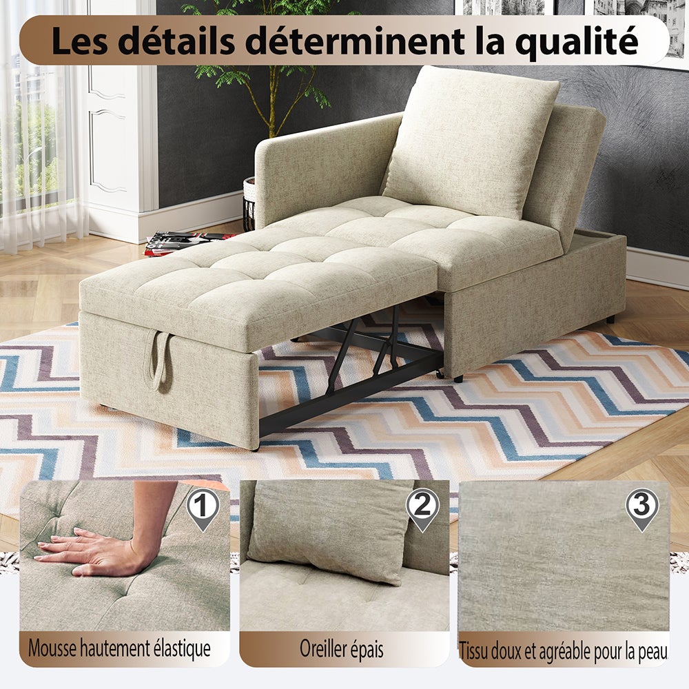 Canapé convertible 3 en 1 multifonctionnel en tissu lin rembourré avec dossier réglable pour petites pièces couleur beige - 8