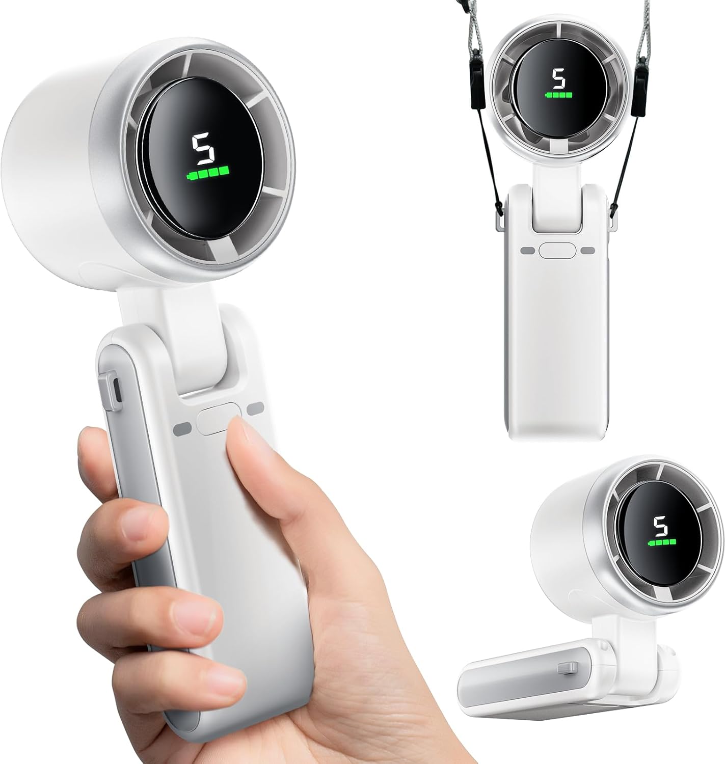 Składany, przenośny wentylator z szybkim ładowaniem TYPE-C, 5 prędkościami, z kablem, wentylator wiszący na szyi, biały