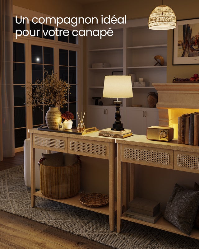 Table Console pour couloir, table de couloir avec 2 tiroirs, étagère ouverte, coins arrondis, style bohème, chêne beige - 3