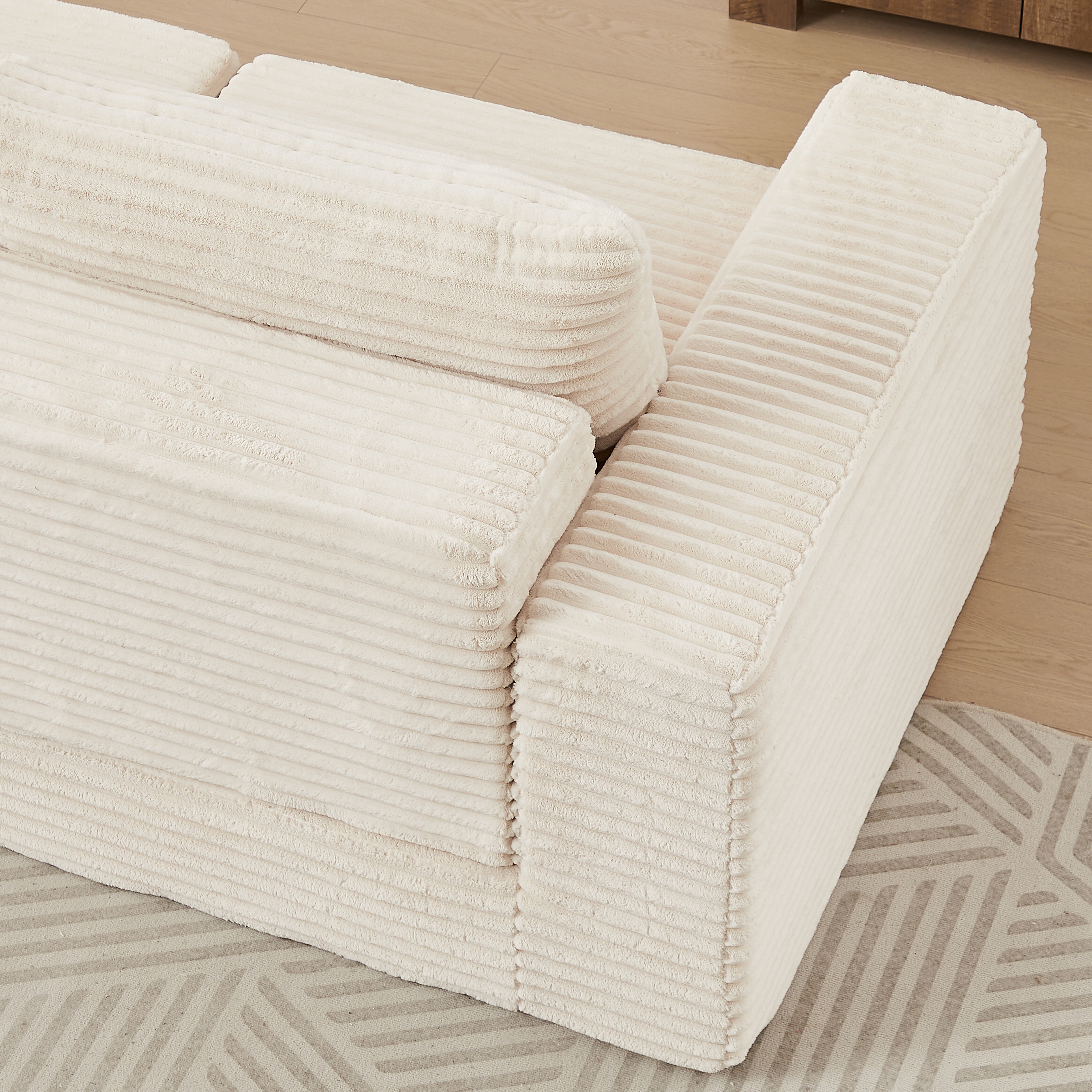 Canapé convertible en velours côtelé, modules combinables et repose-pieds amovible, convient pour salon, beige - 6